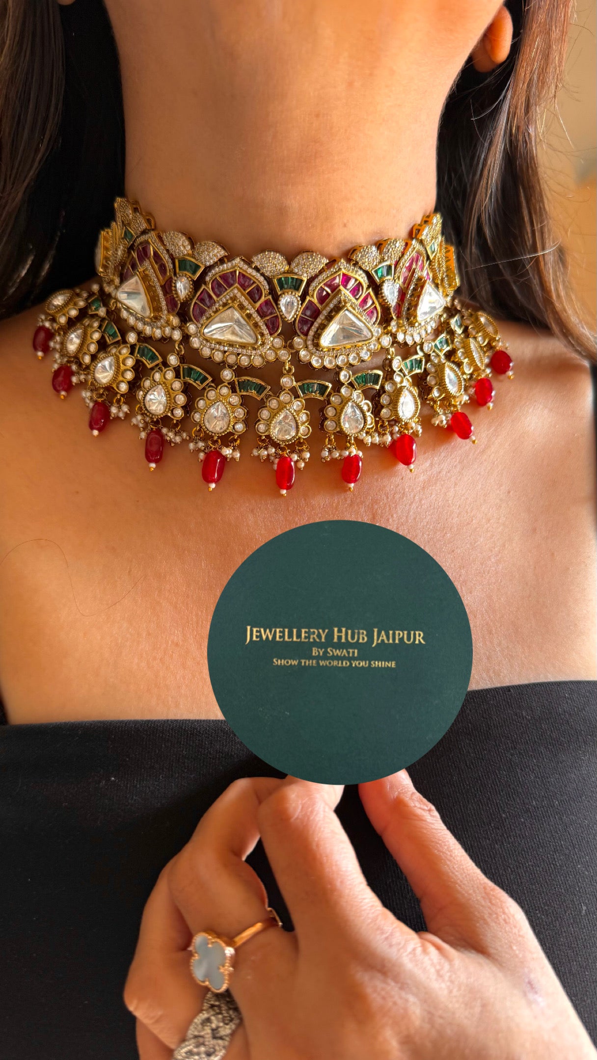 emerald & ruby drop moissanite bridal necklace