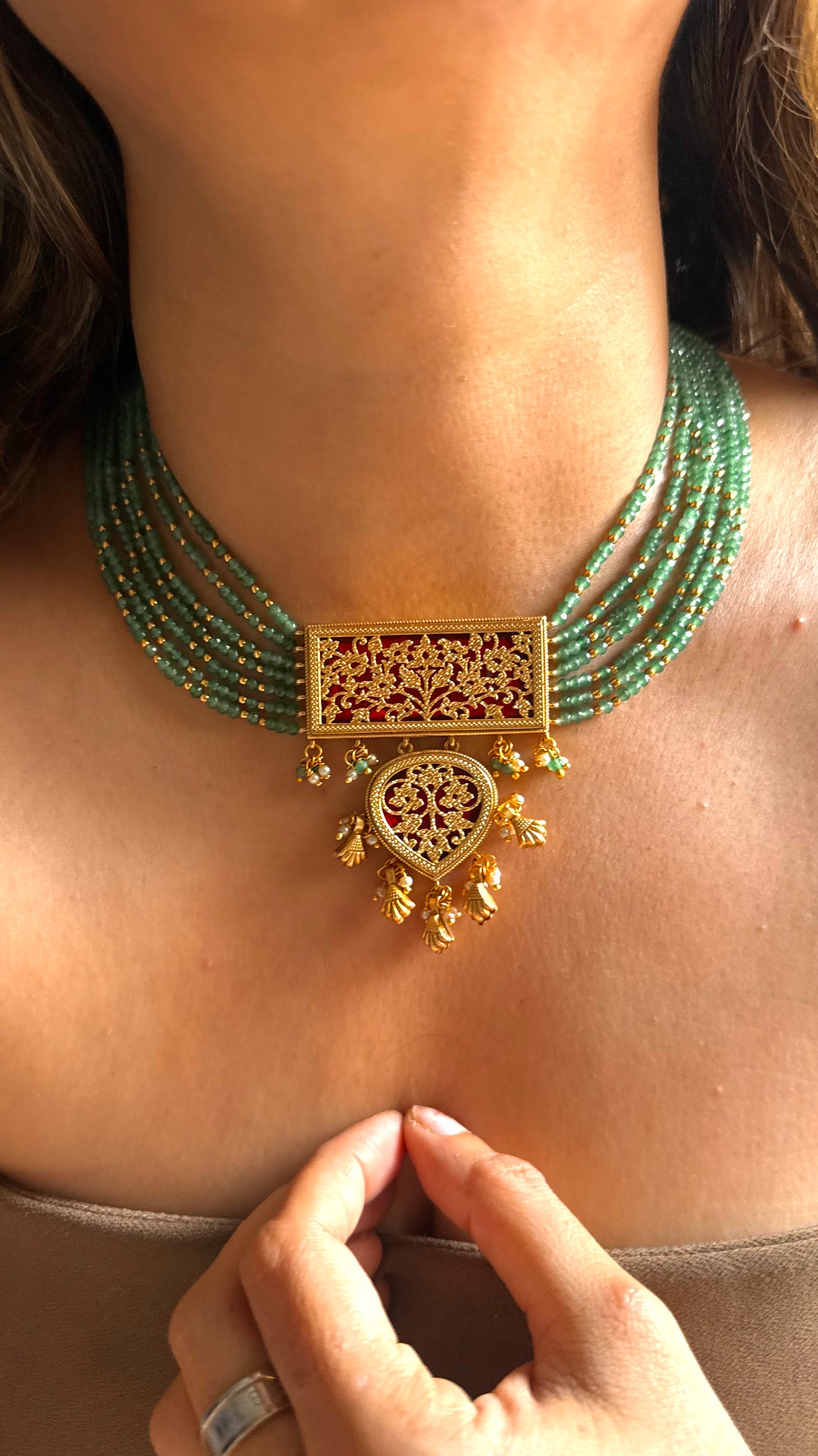 Theva work ruby & mint necklace