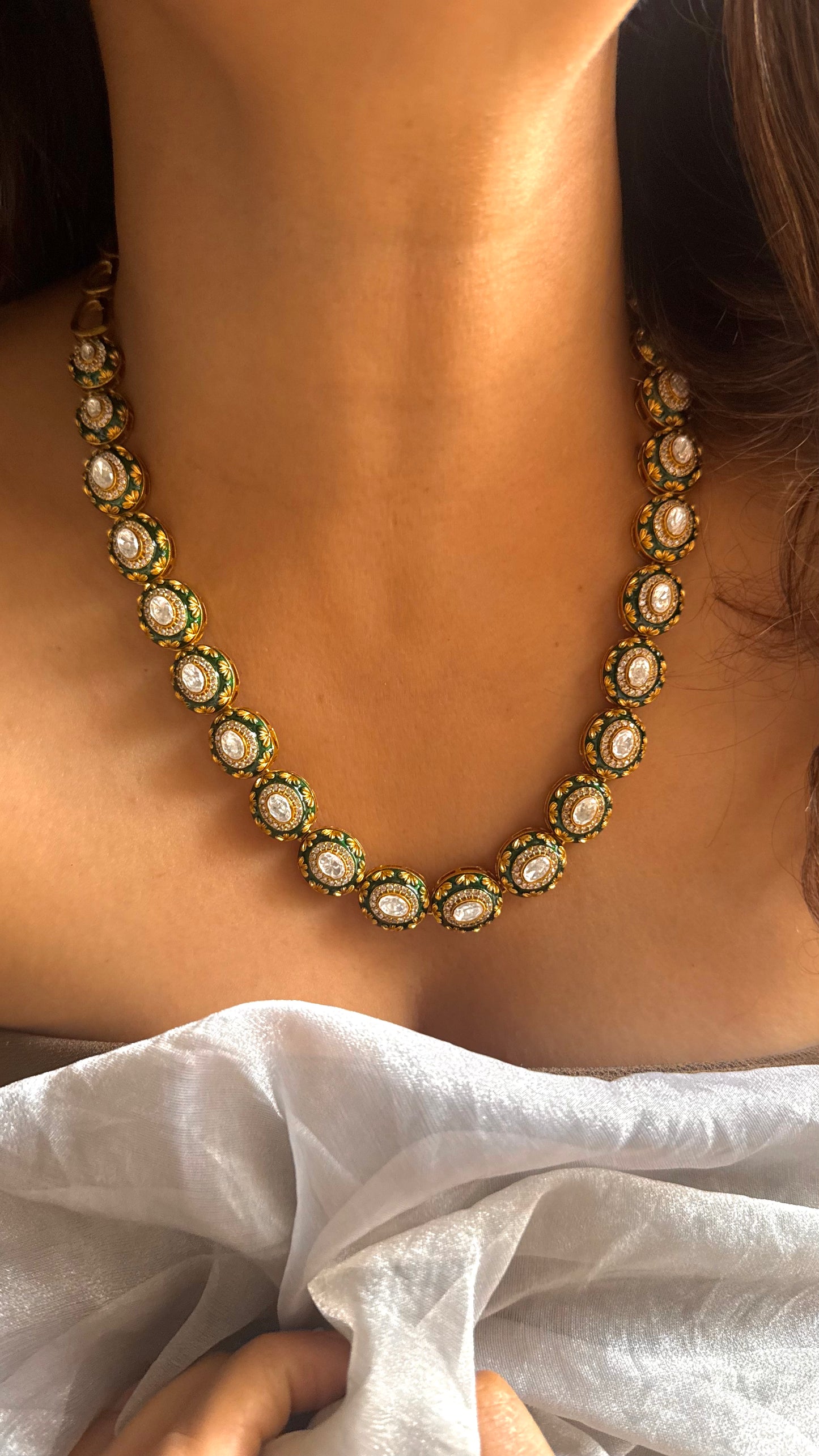 Emerald Meenakari & Gold Nakashi Polki Necklace