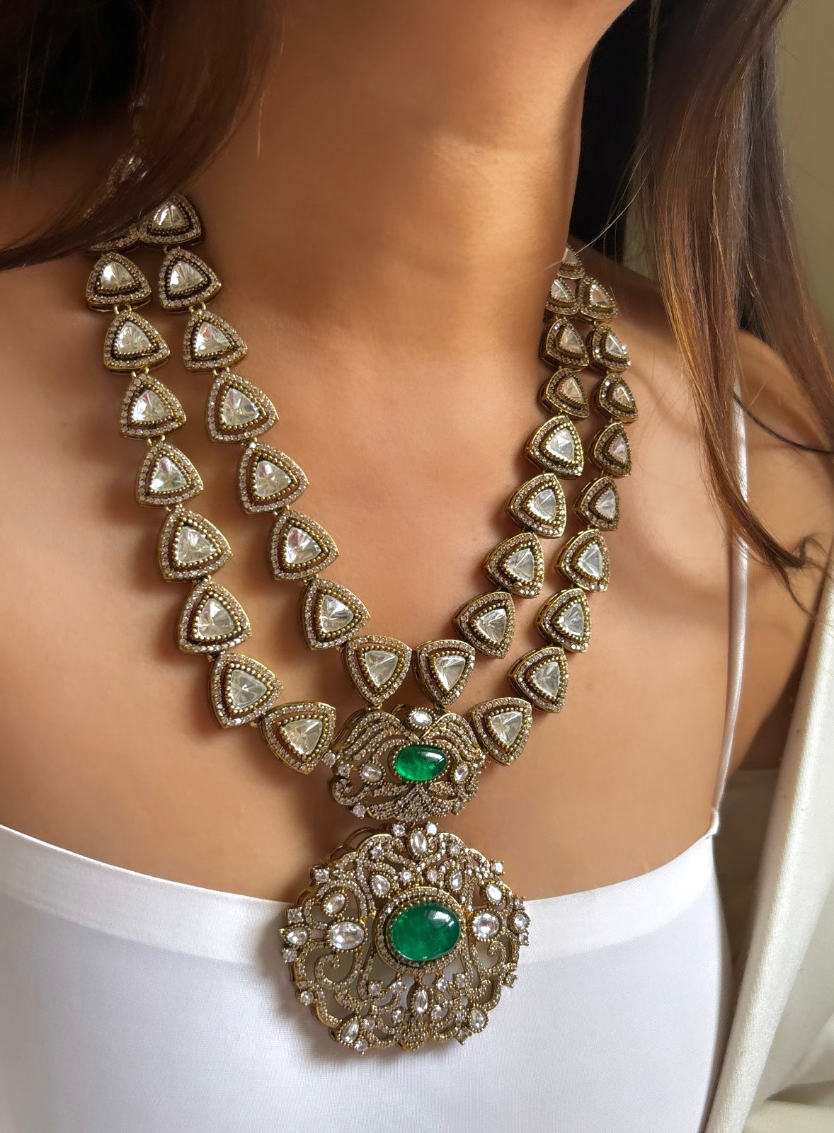 Emerald dual layered Moissanite necklace