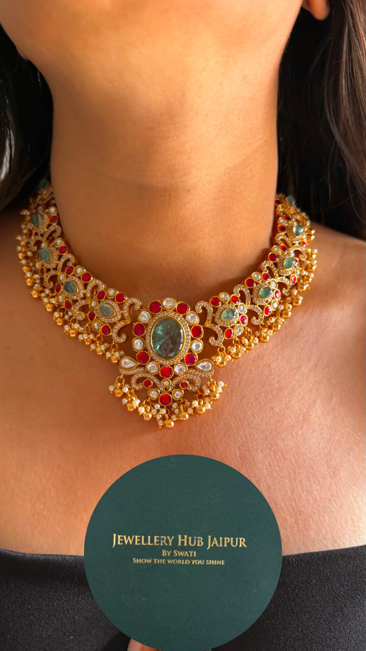Amrapali inspired mint & rani pink designer collar necklace