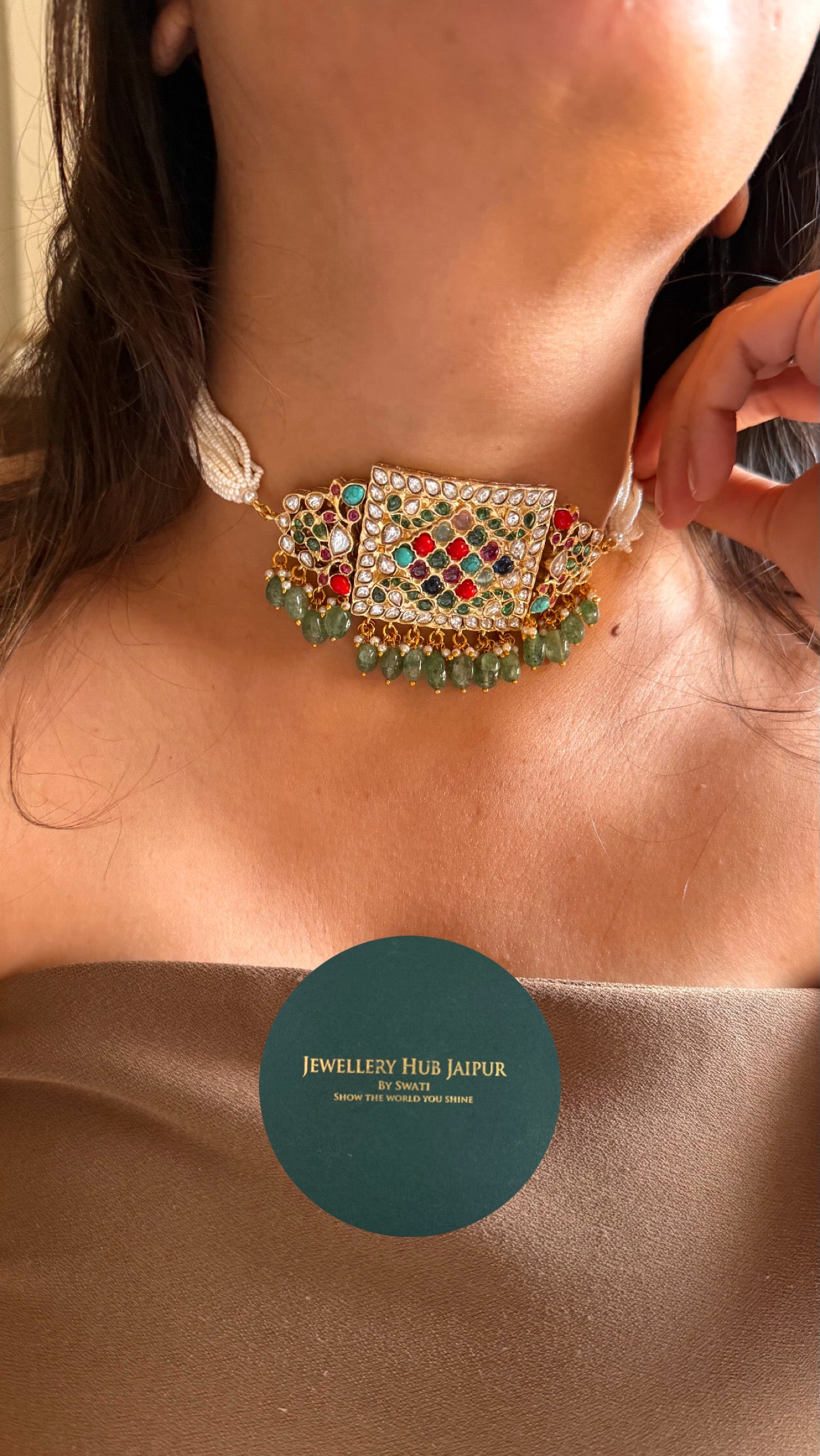 Paachi Kundan Jadaau multicoloured with mint drops  thread choker necklace