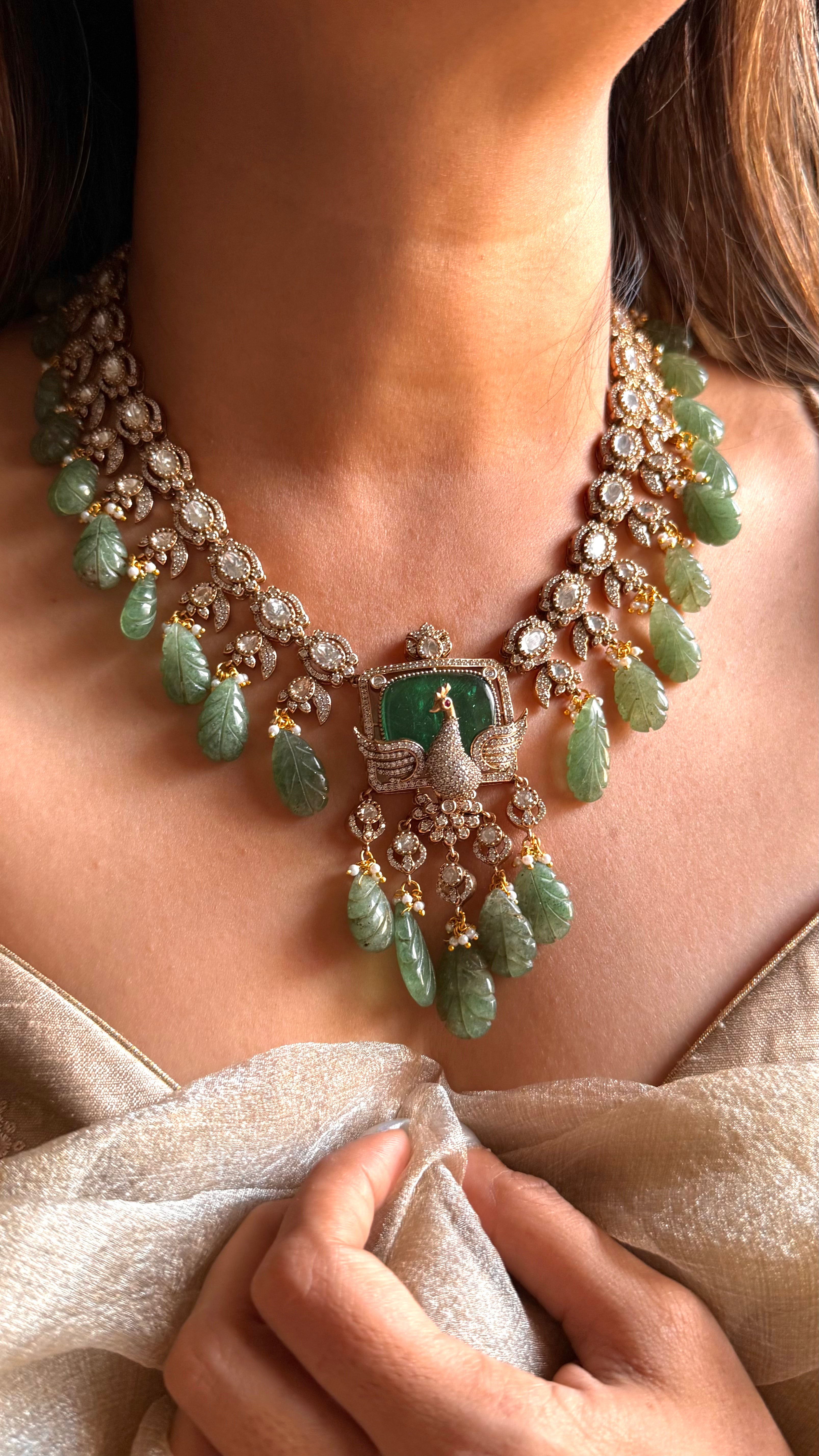 Emerald peacock with feather inlay moissanite collar necklace