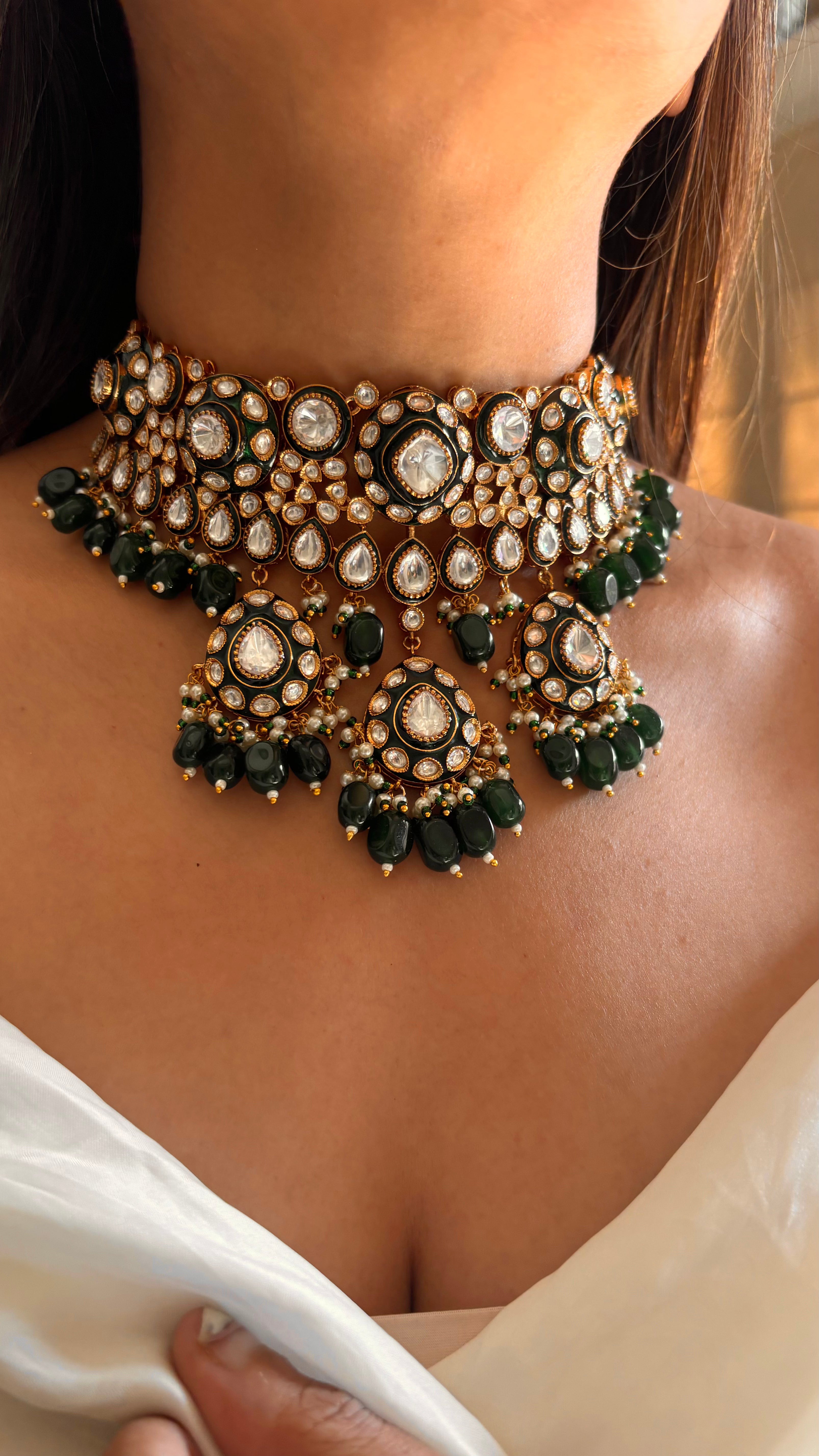 Emerald meenakari polki choker