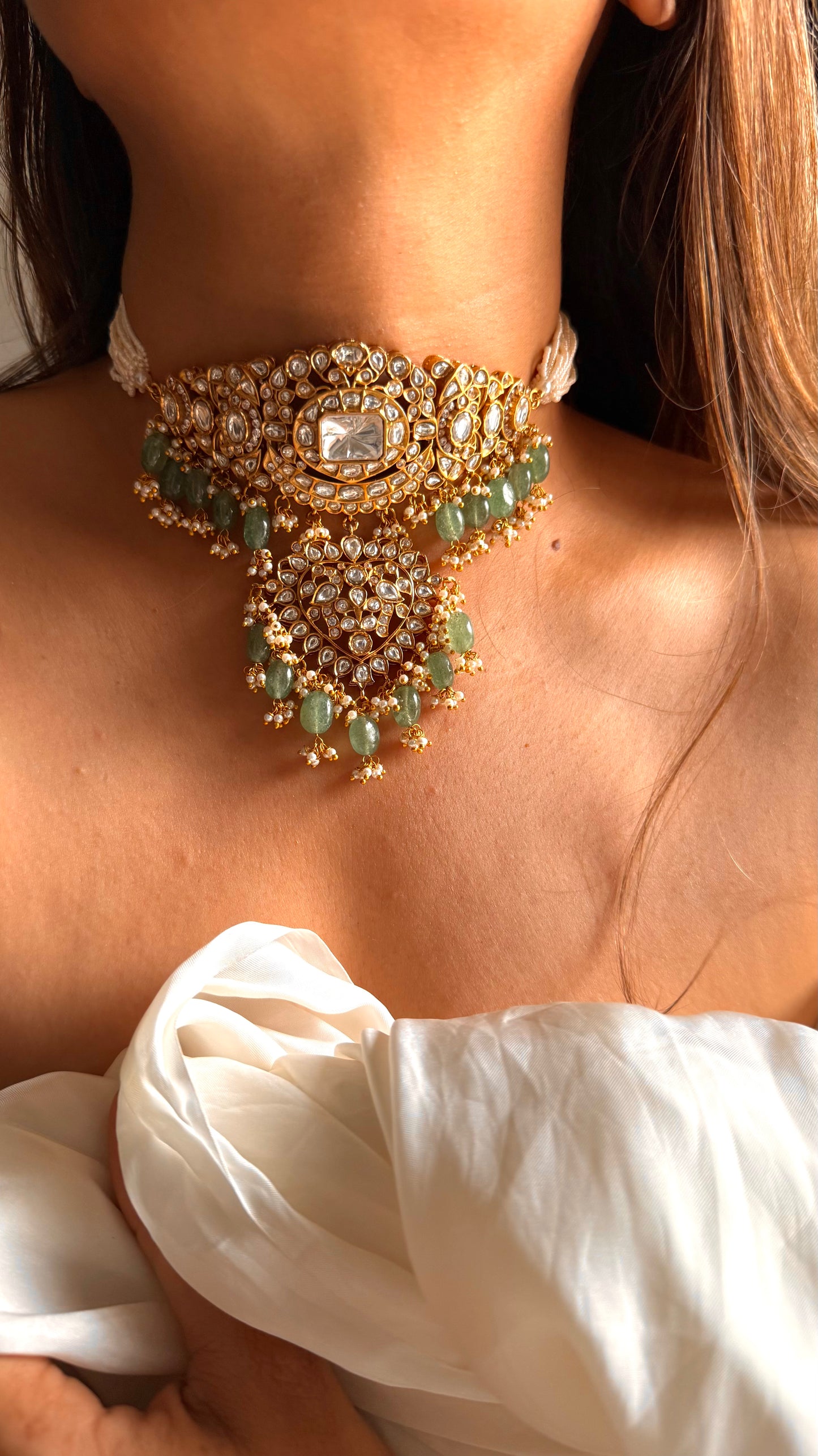 Rukmani Moissanite polki rajwada choker with mint drop