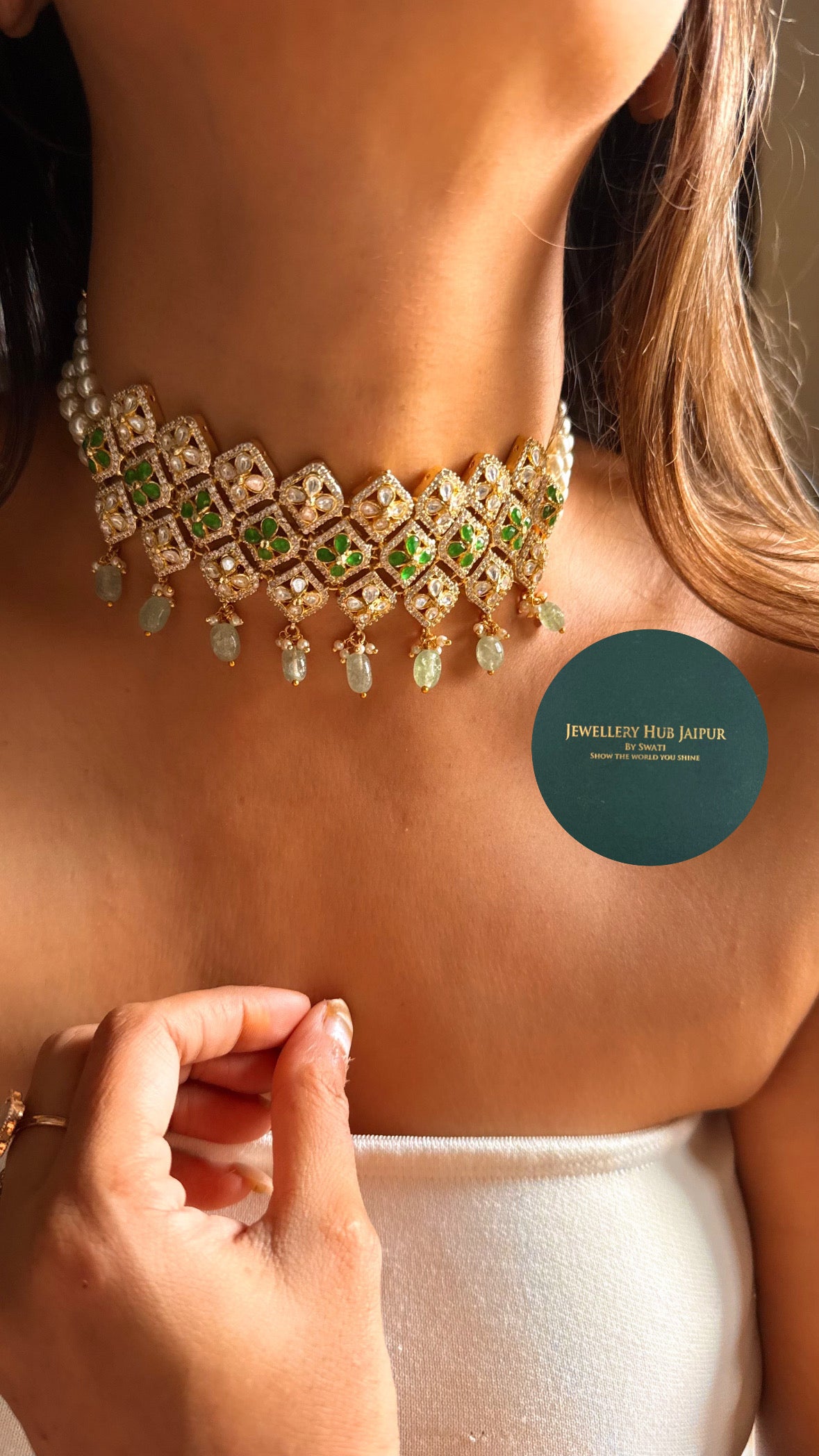 Rani pink & emerald floral polki with mint drop choker set