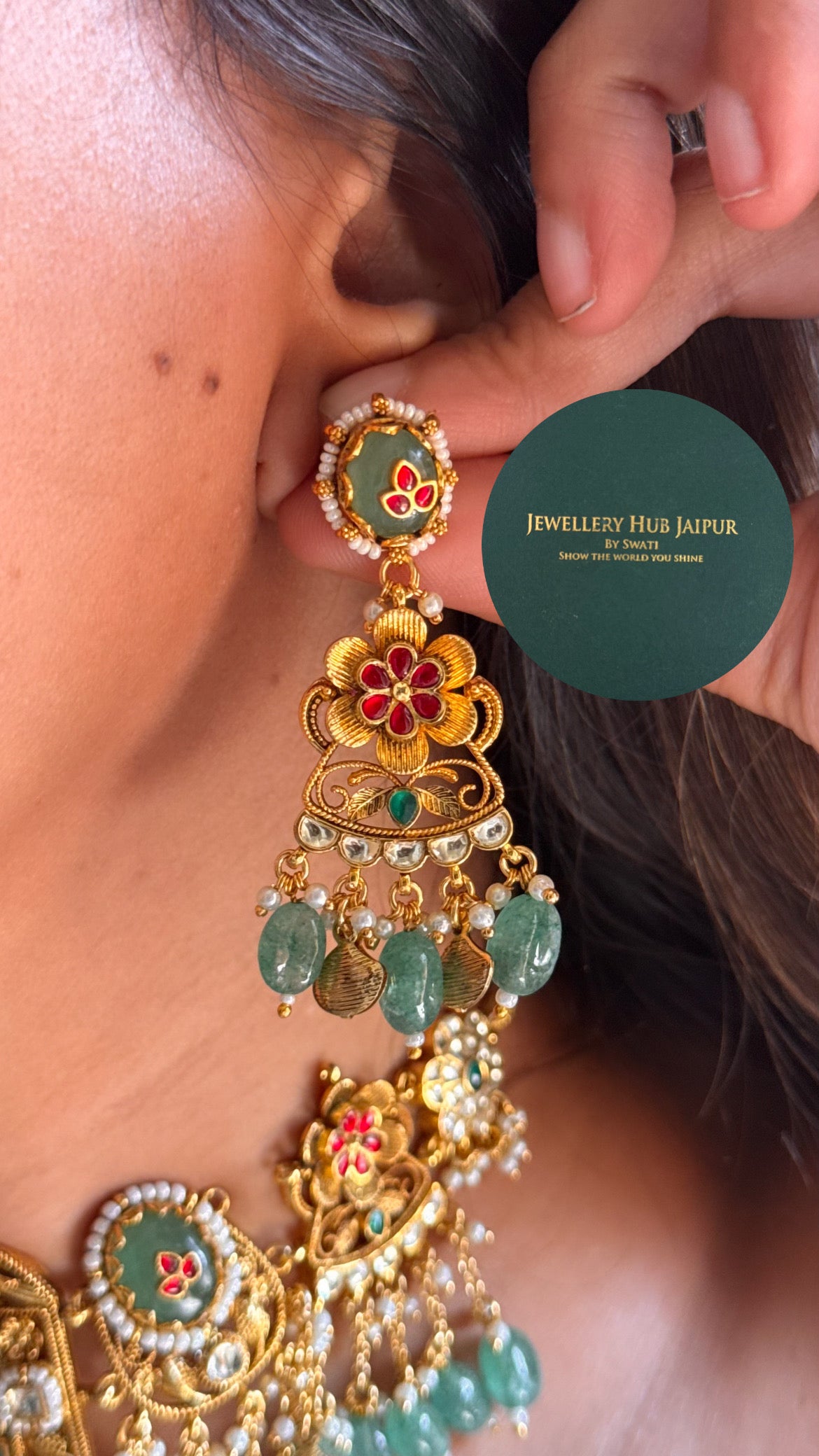 Heritage Mint inlay work & rani pink floral with mint drop royal  rajwada choker set