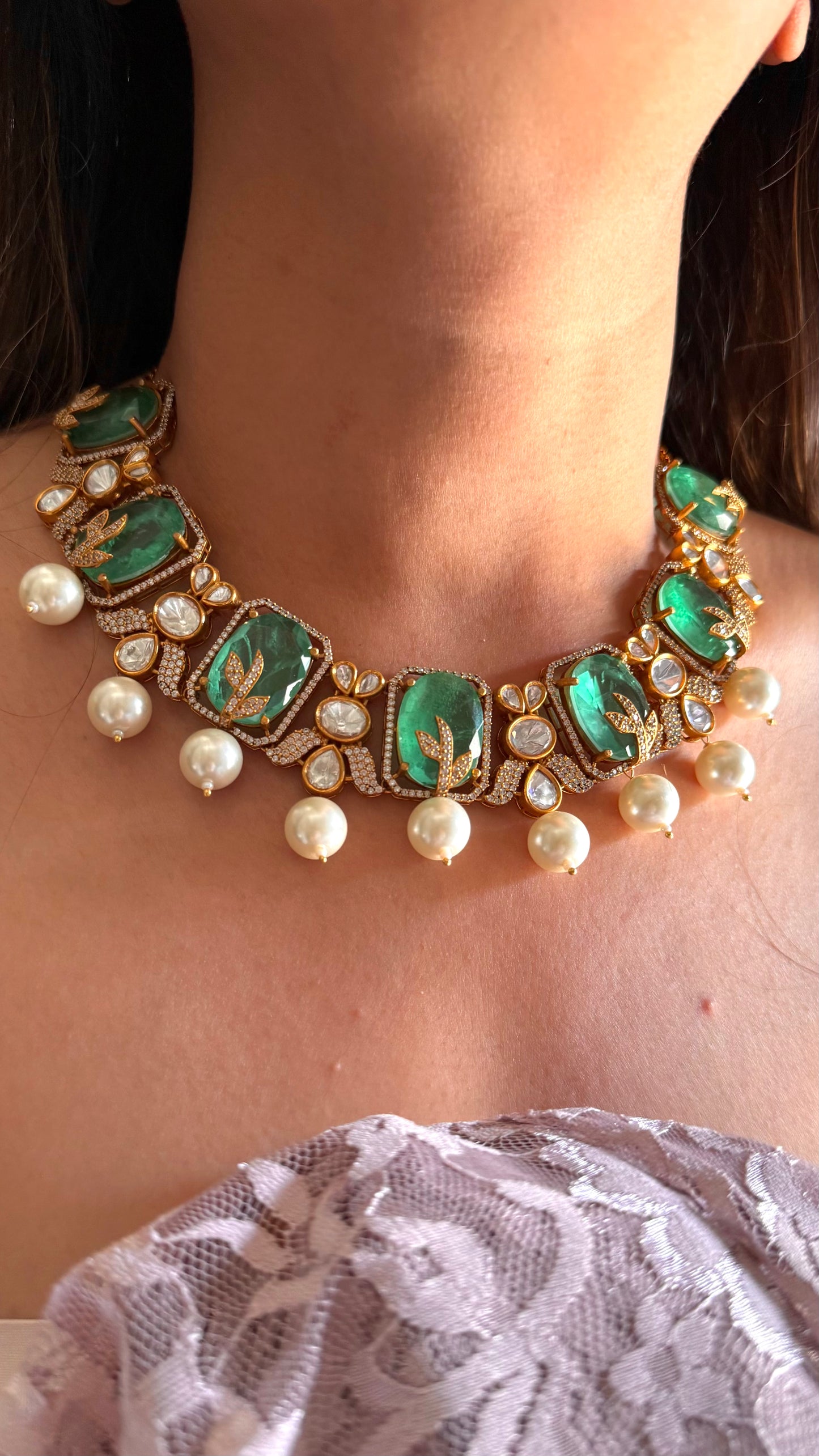 Mint doublet pearl drop designer collar necklace