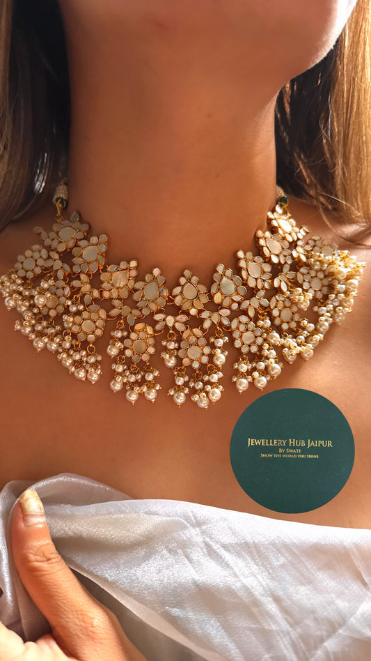 Mother of pearl paachi kundan with pearl drop set