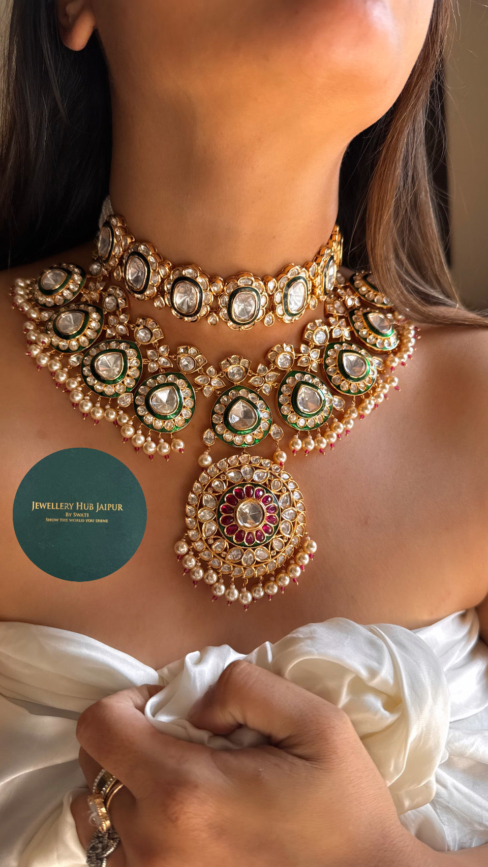 Bridal asia ruby & emerald polki necklace duo