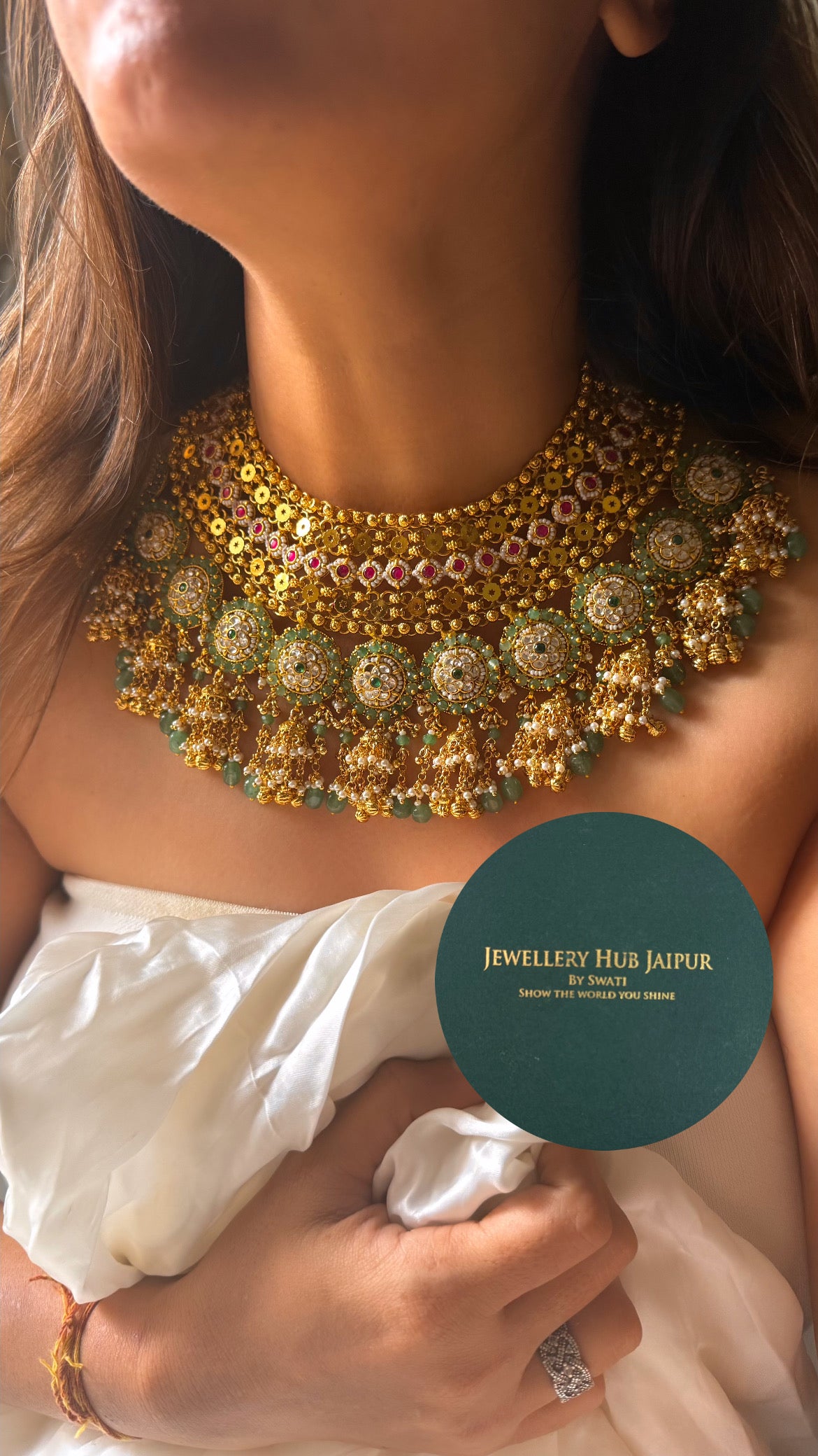 Handmade Heritage Polki Rani pink & mint with jhumka & mint drop heritage rajwada bridal set