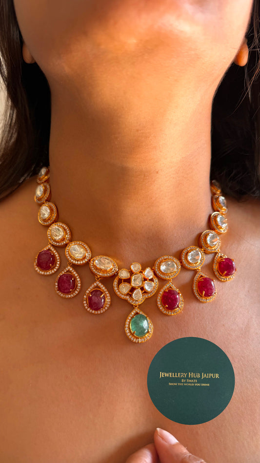Ruby & emerald drop peeli polki Lv floral gold necklace