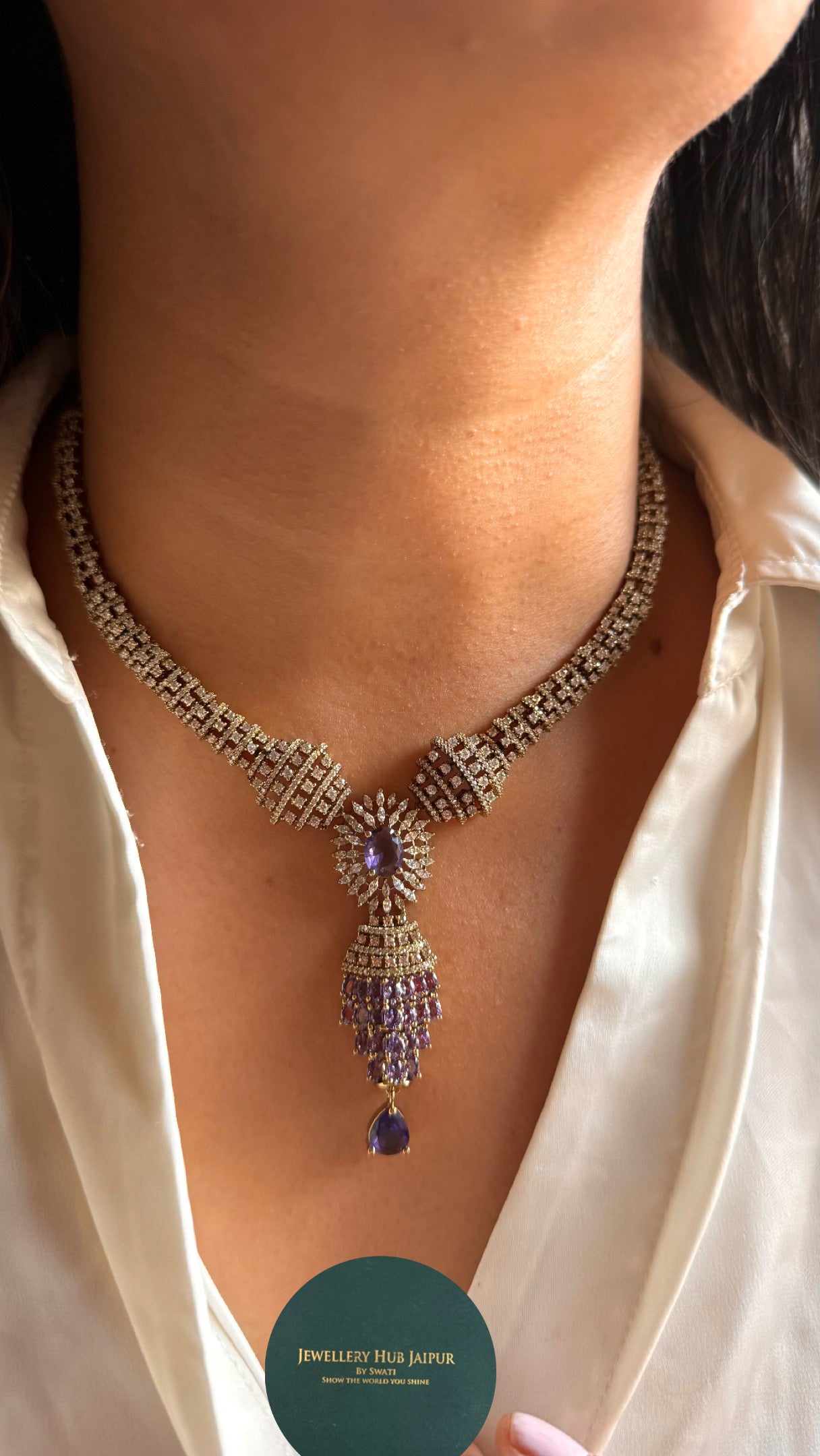 Sapphire doublets with cz diamond collar necklace