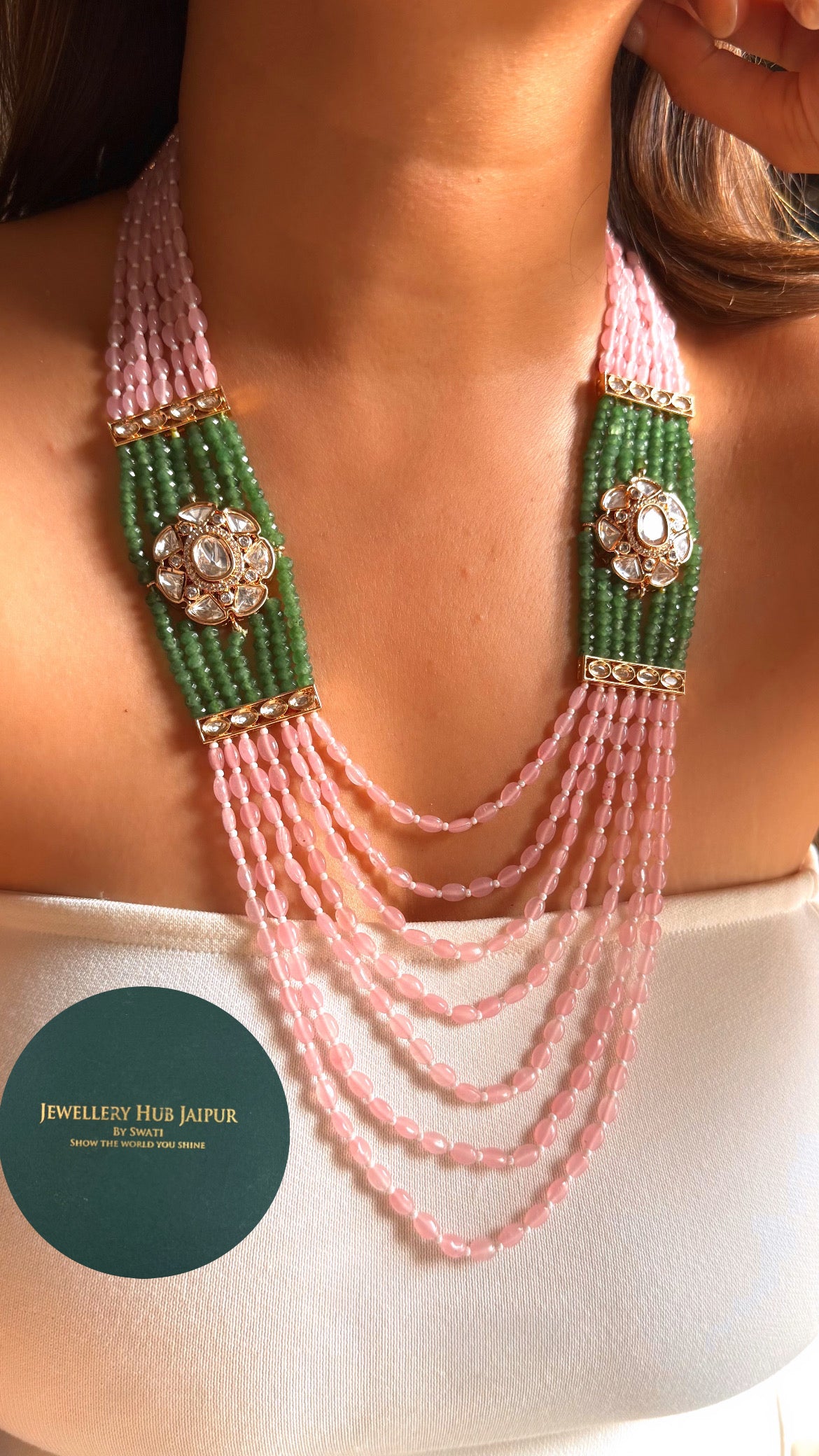 Rose quartz & emerald floral moissanite string