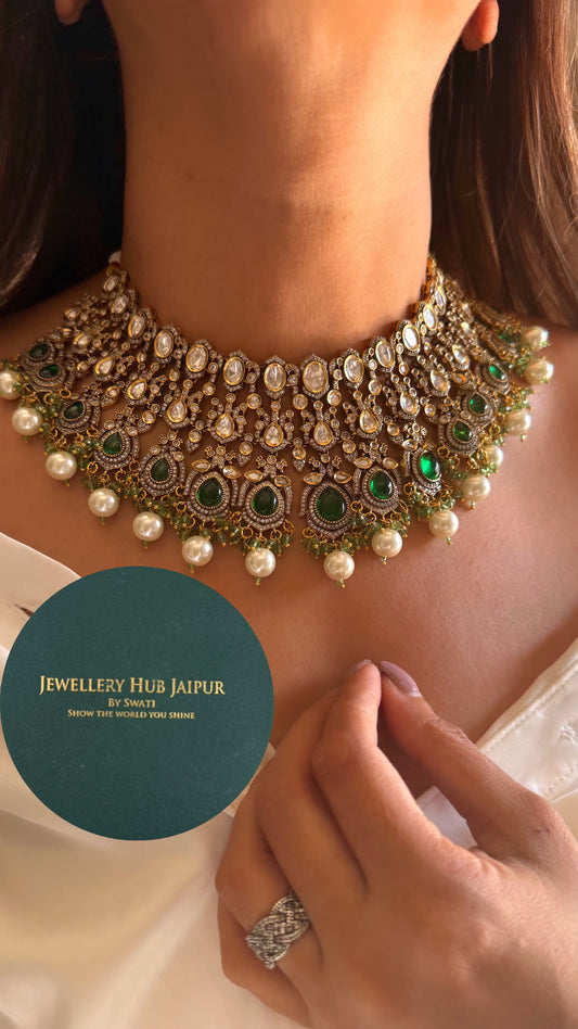 Tashvi Emerald doublet Moissanite polki with pearl necklace