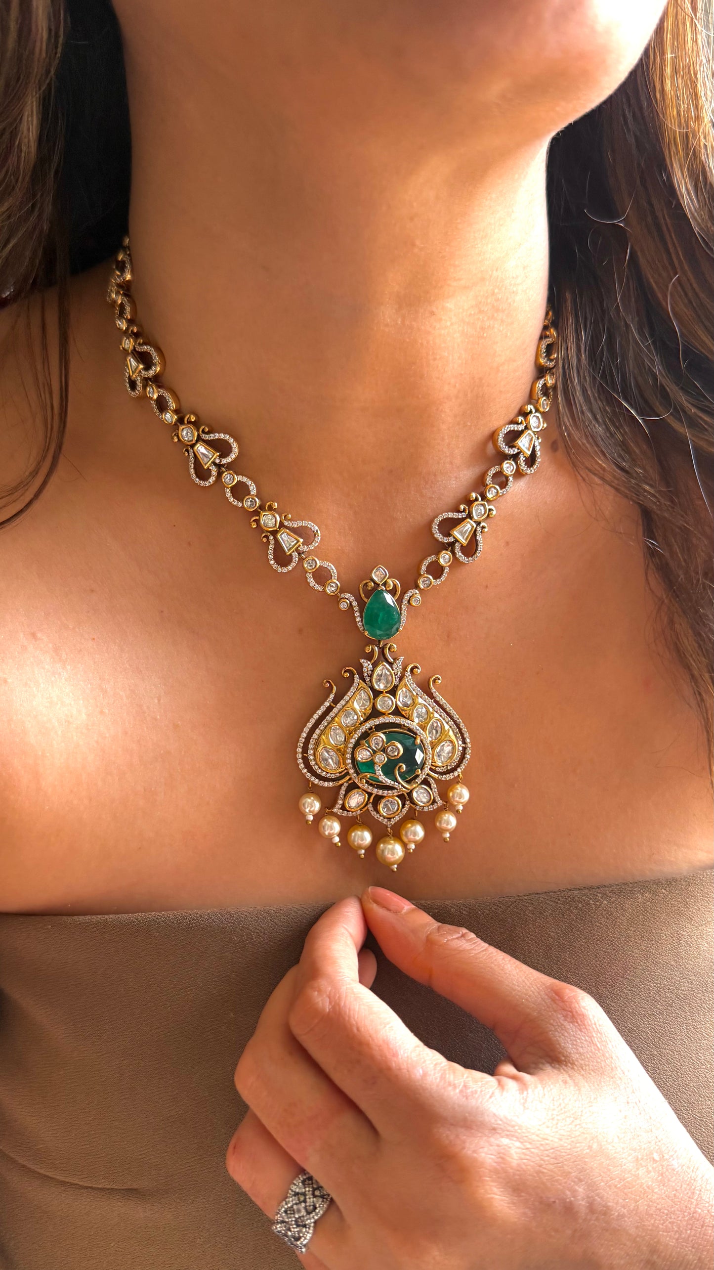 Emerald dual polish victorian Designer Necklace
