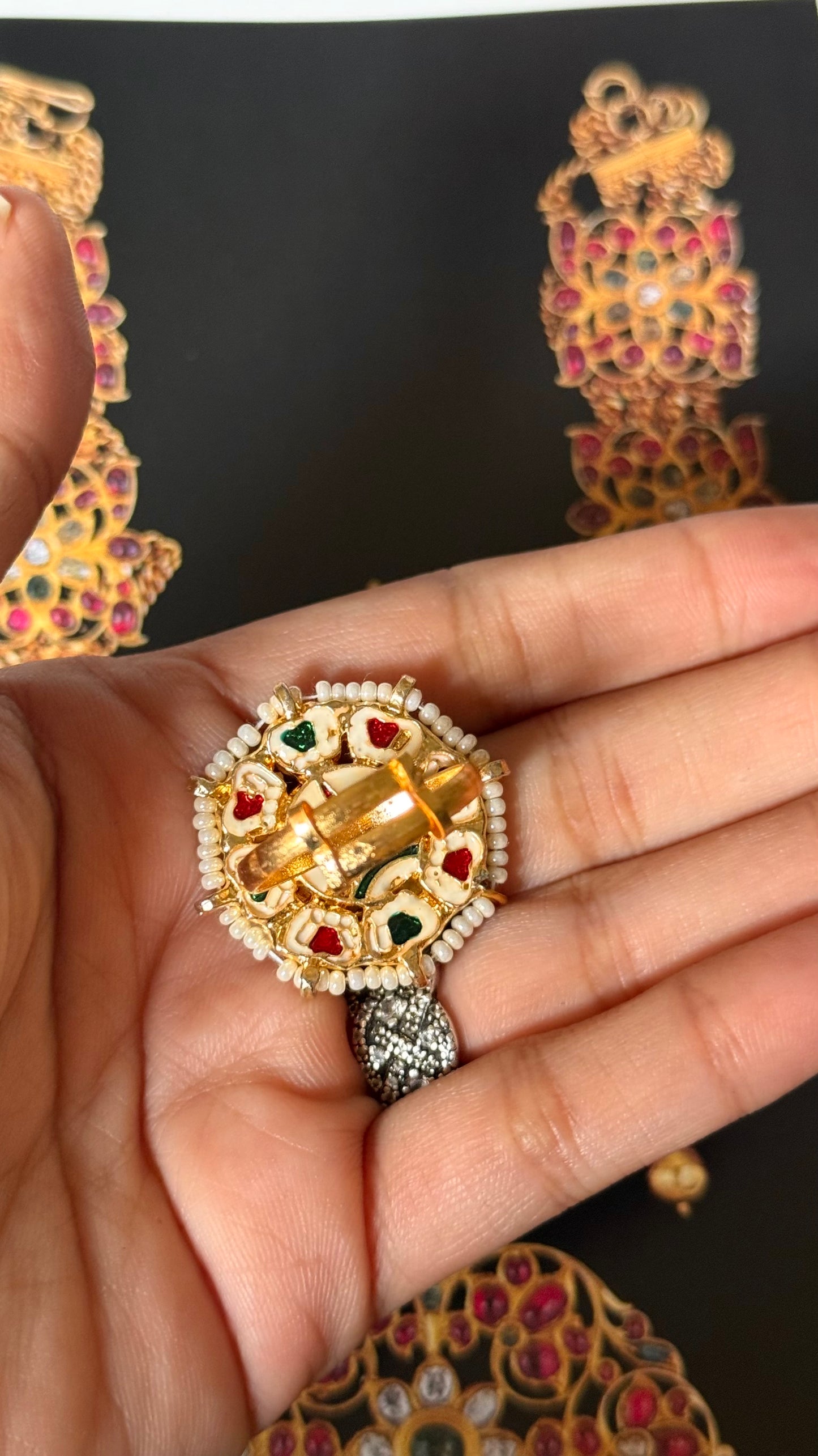 Rani pink floral meenakari paachi adjustable ring
