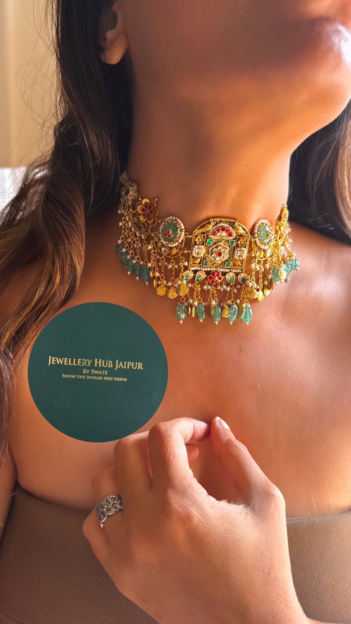 Heritage Mint inlay work & rani pink floral with mint drop royal  rajwada choker set