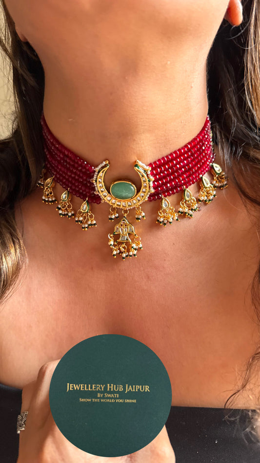 Mint inlay with ruby pearl detailing meenakari choker Necklace