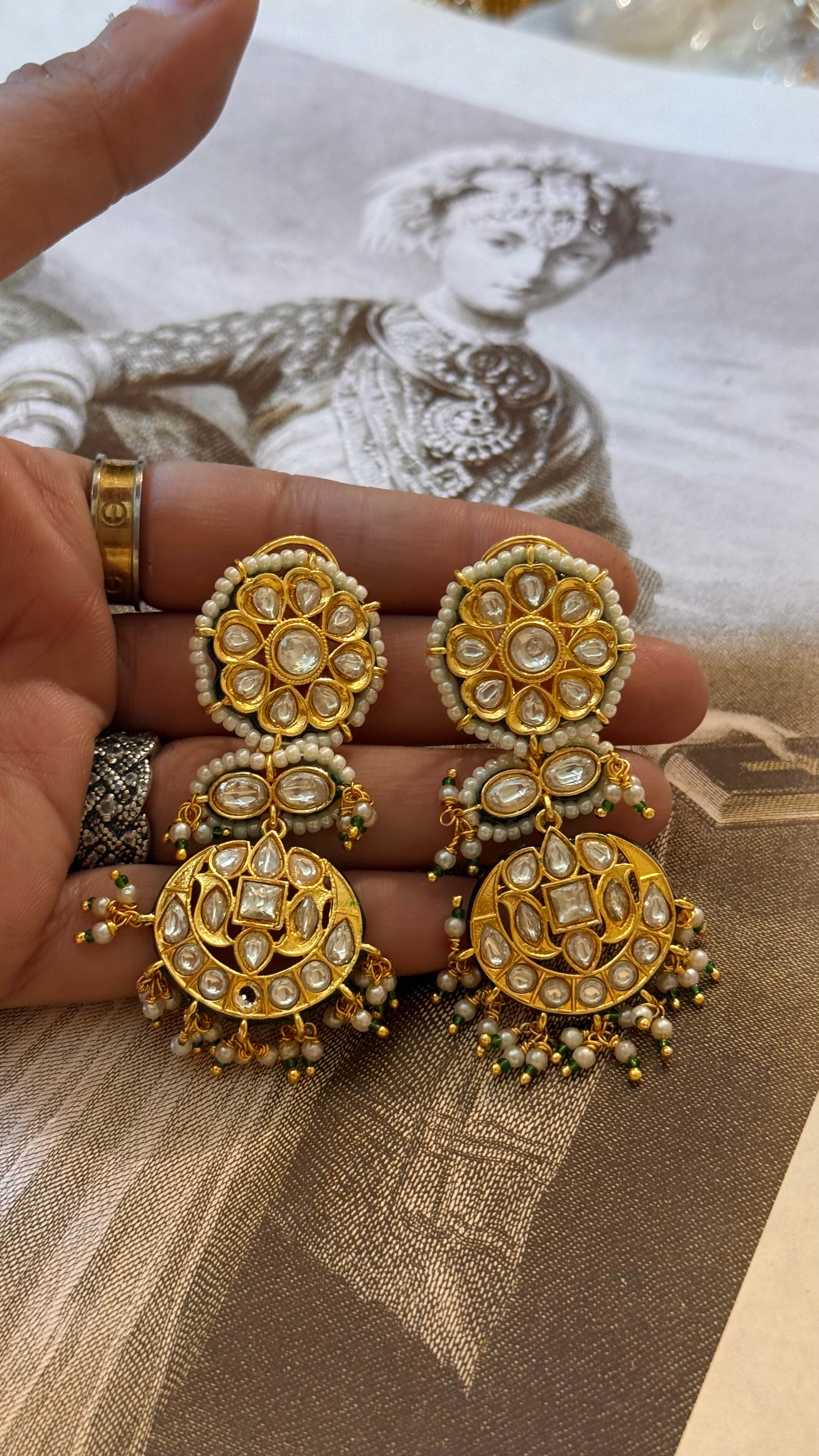Meenakari gold polki earrings with pearl hangings