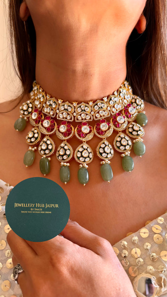 Arzoo Emerald meenakari ruby flower mint drop moissanite necklace