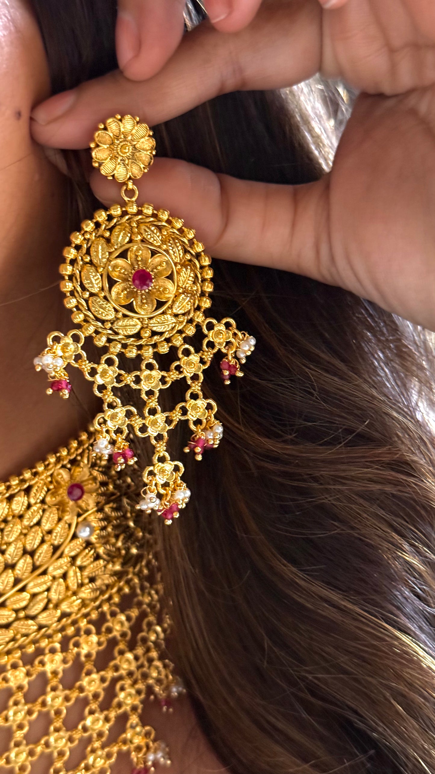 Dubai Gold inspired Ruby waterfall choker necklace with drop detailing