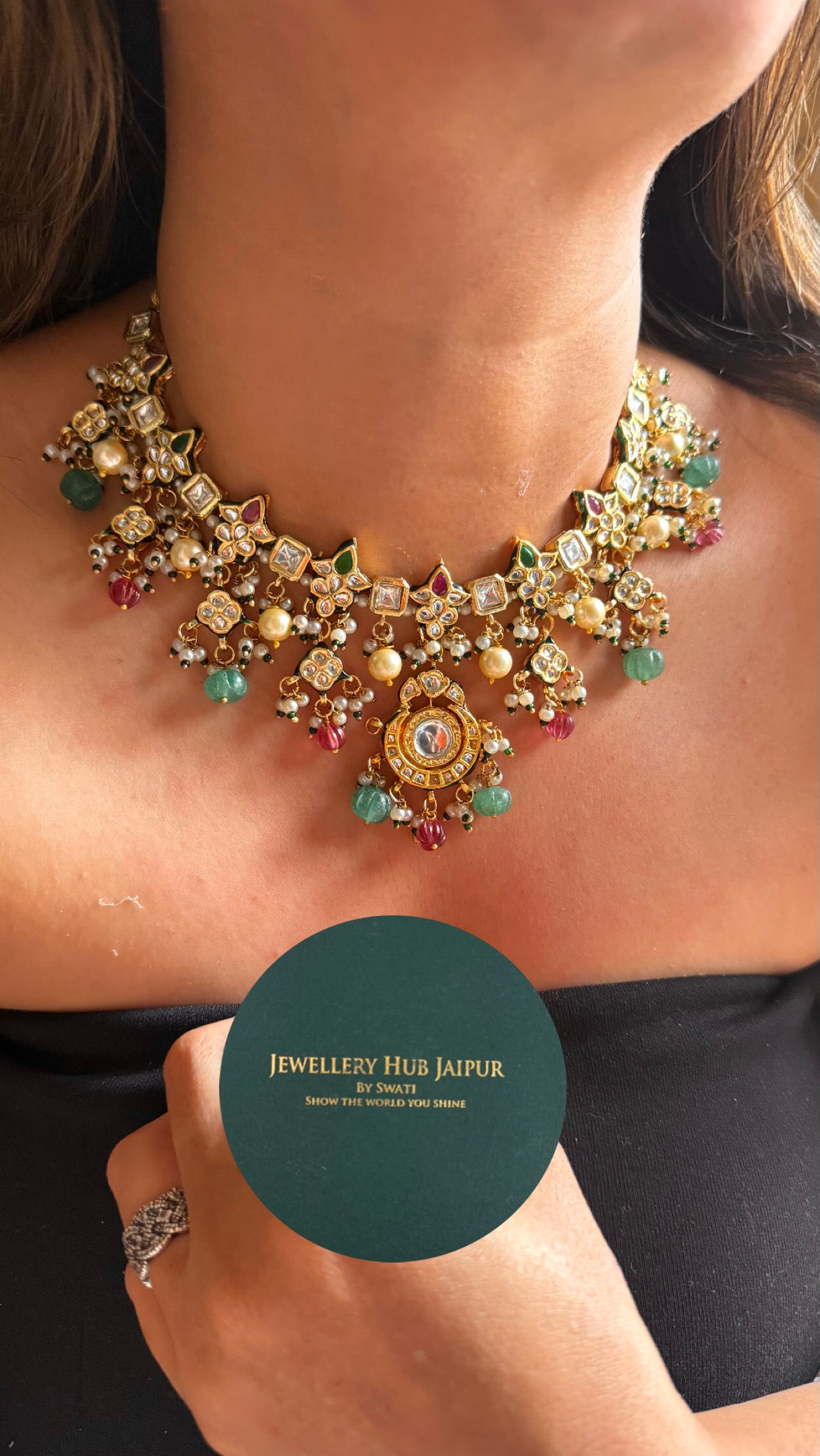 Emerald & ruby Meenakari work with pearl  detailing collar Necklace