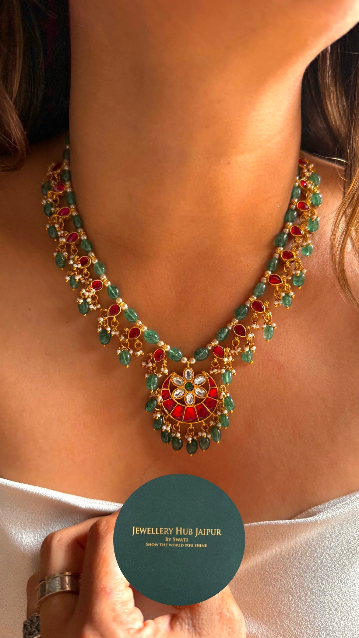 Half moon shape ruby & emerald paachi jadau Necklace