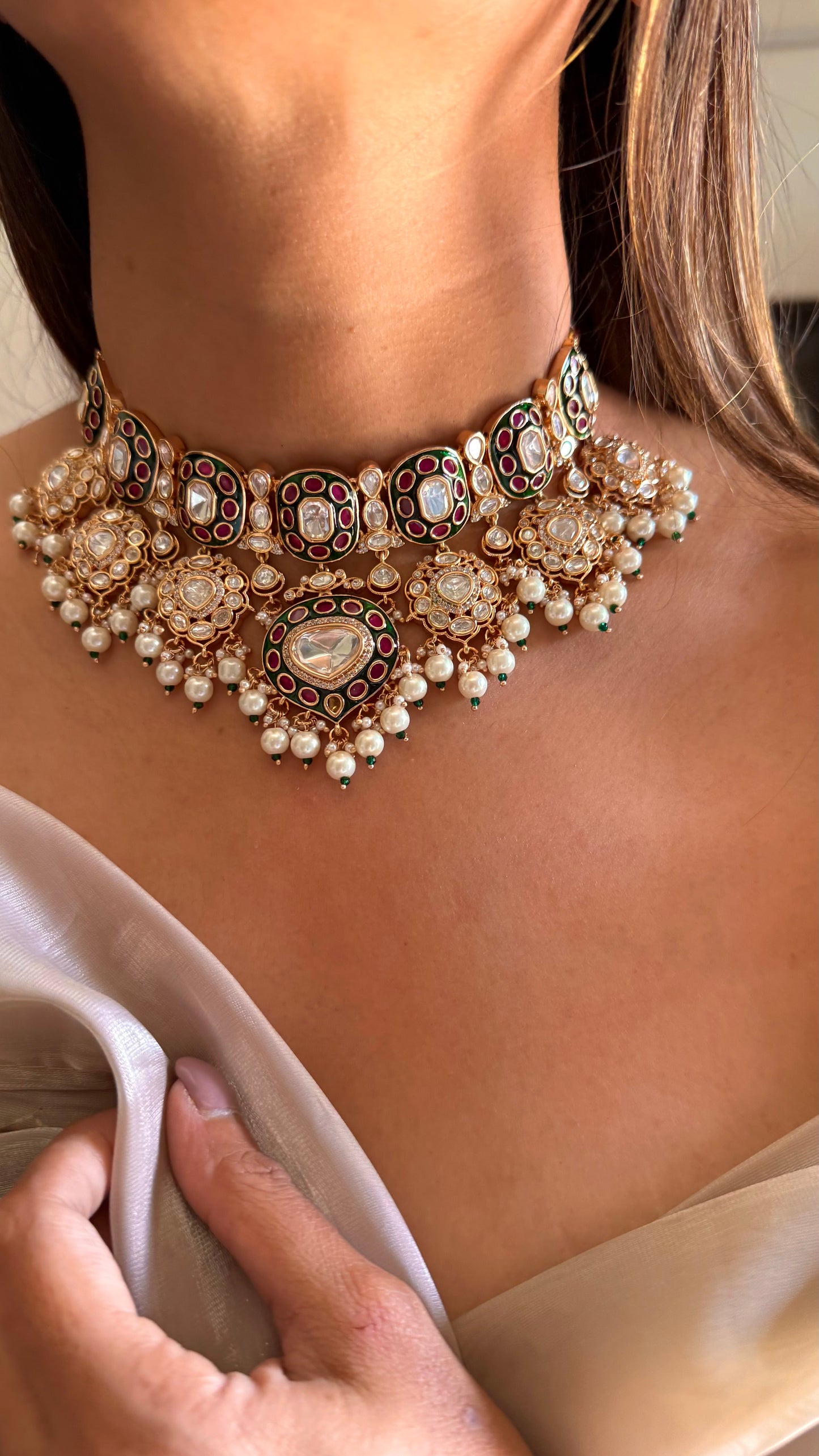 Megh Ruby & emerald moissanite polki choker necklace set with earrings