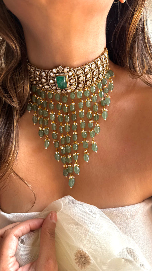 Emerald Victorian Polki Choker with mint waterfall
