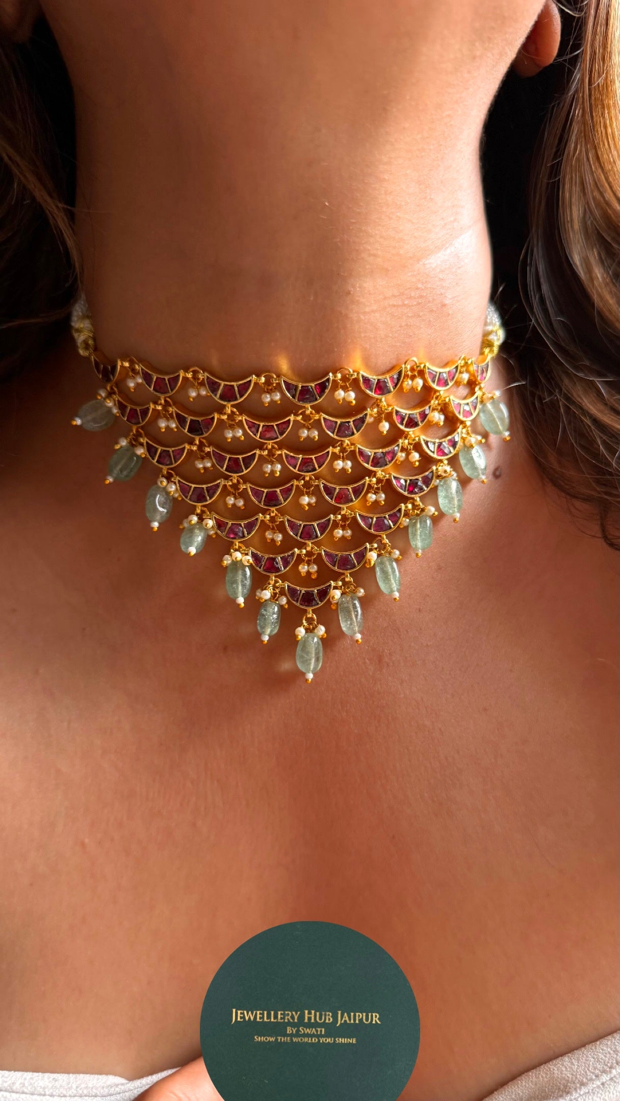 Design ruby half moon with strawberry drops choker Necklace