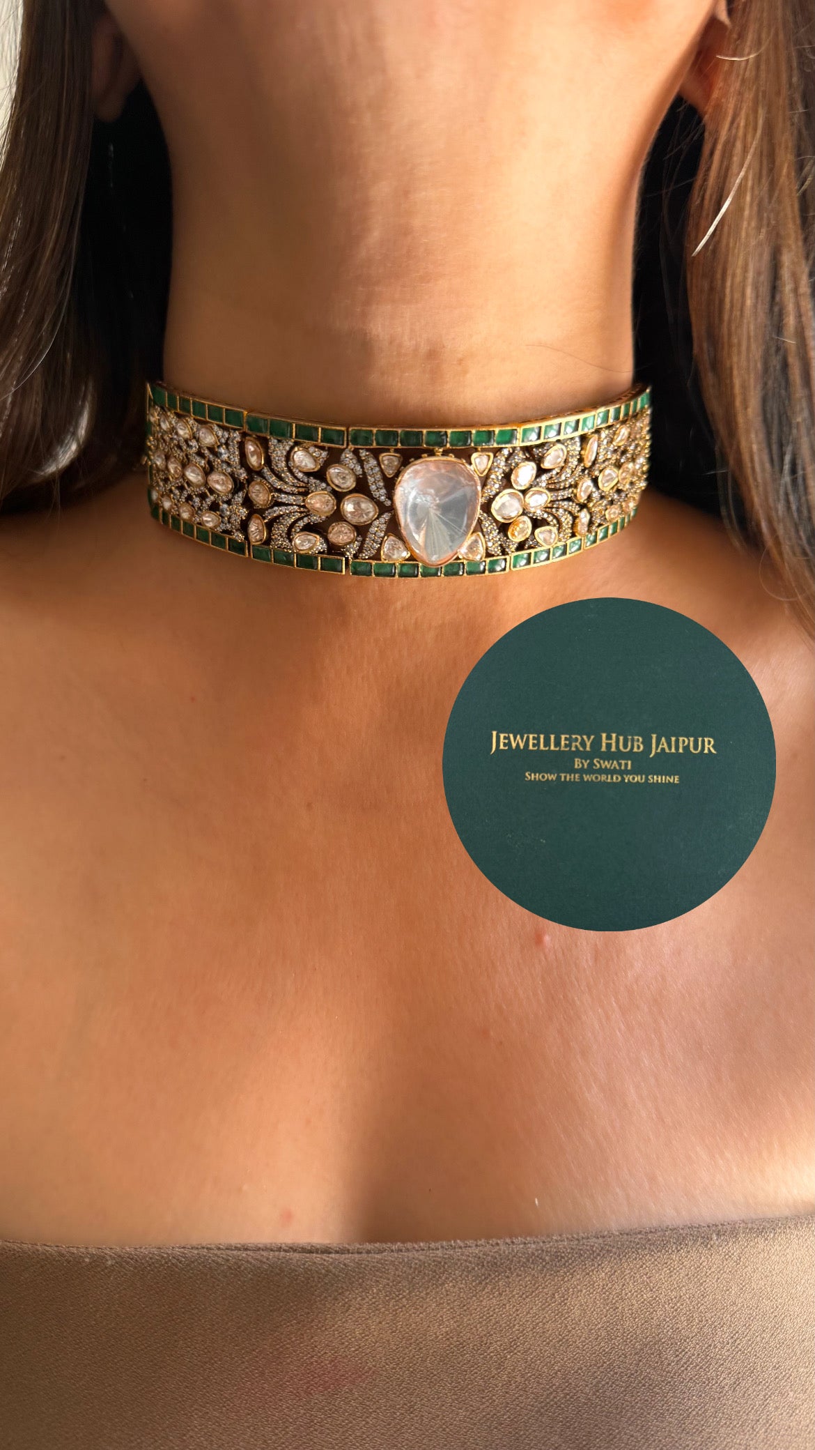 Emerald & moissanite polki designer choker set