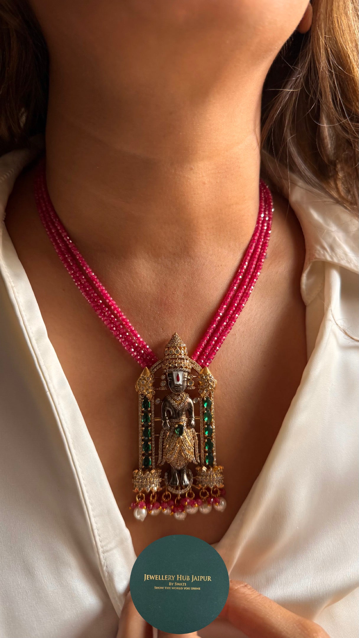 Lord venkateswara with rani pink pearl string pendant set