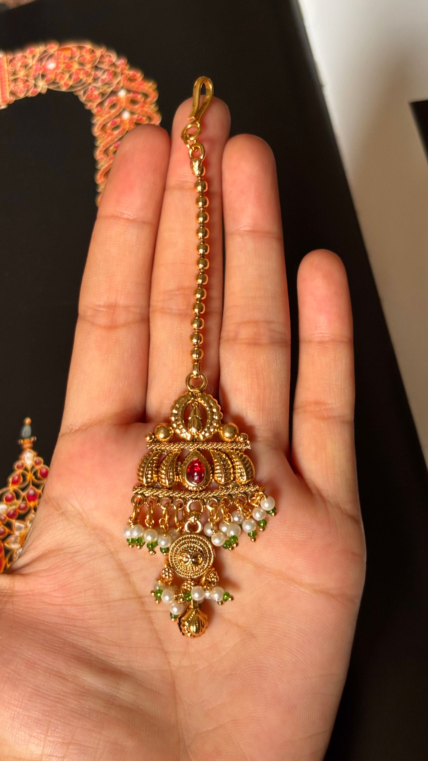 Ruby rajwada golden with pearl detailing maangtikka