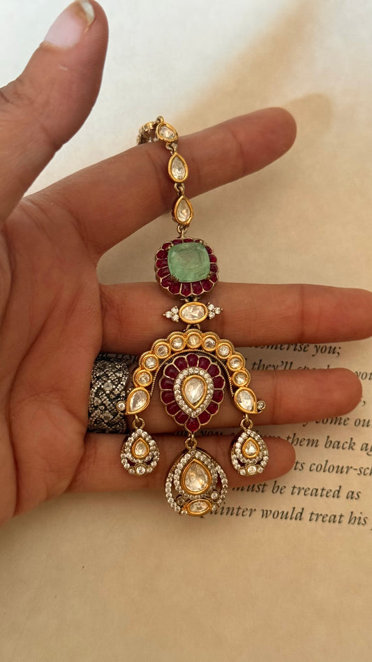 Mint doublet & ruby floral moissanite maangtika