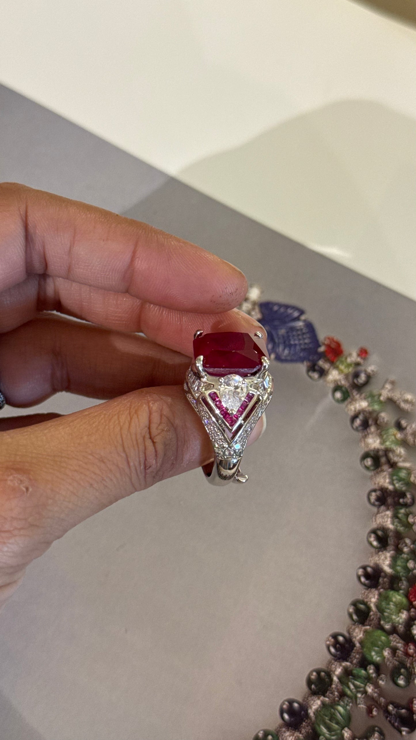 Ruby enamel diamond designer, cocktail ring