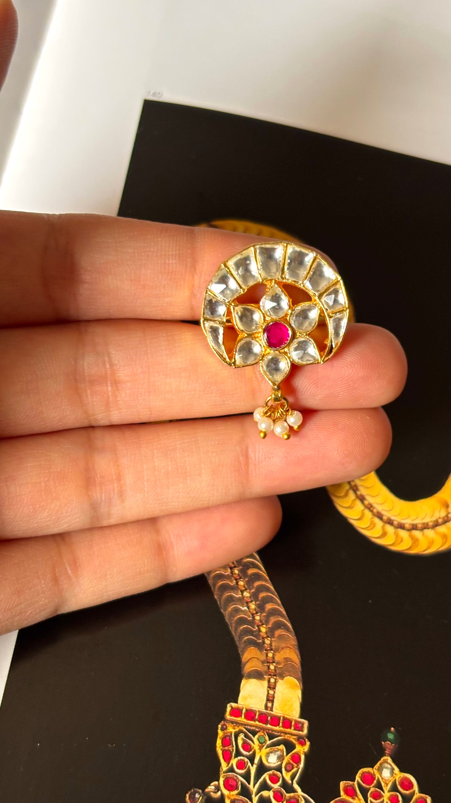 Floral half moon inspired Paachi Kundan adjustable Ring
