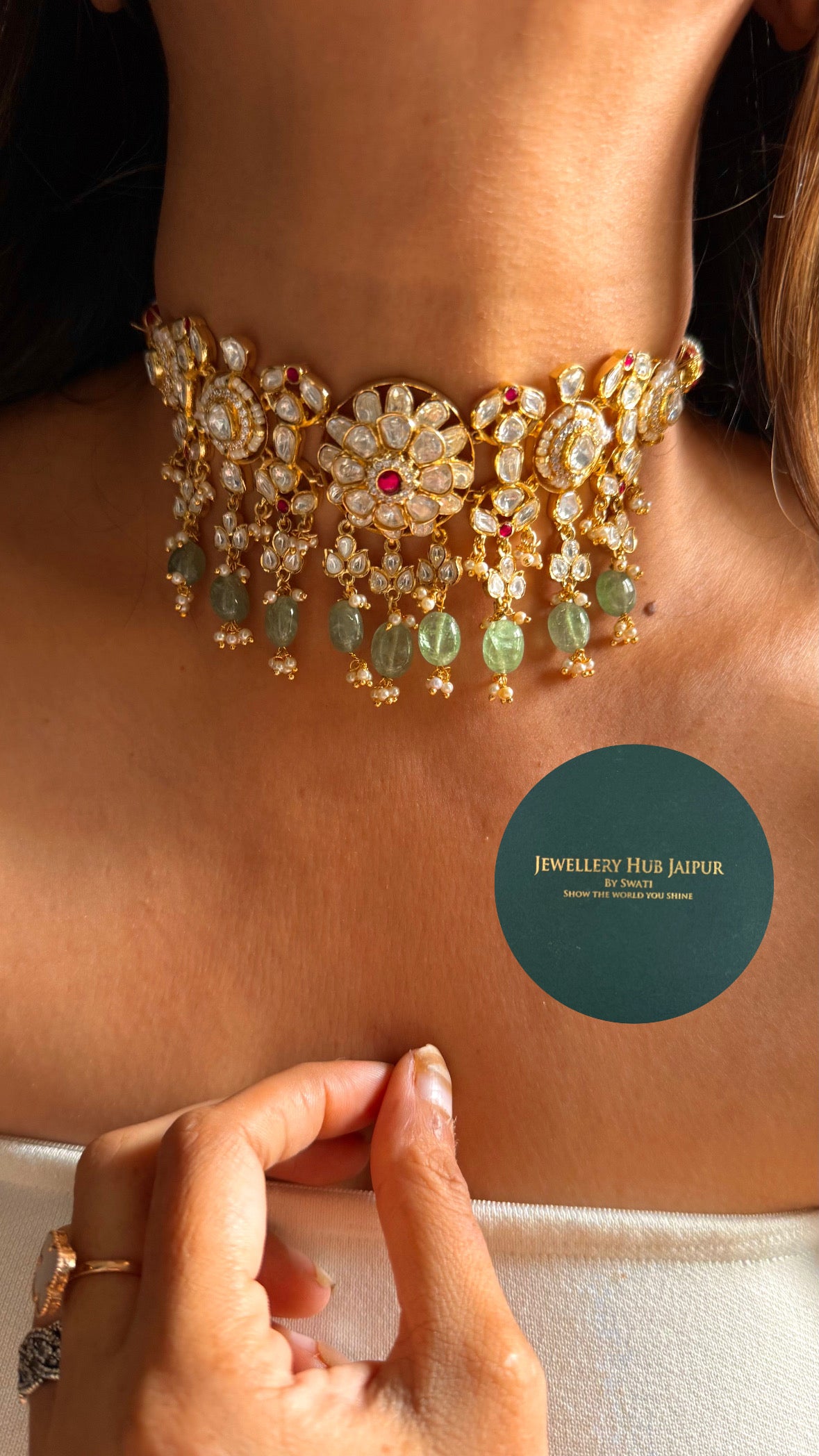 Rani pink real moissanite with mint drop choker set