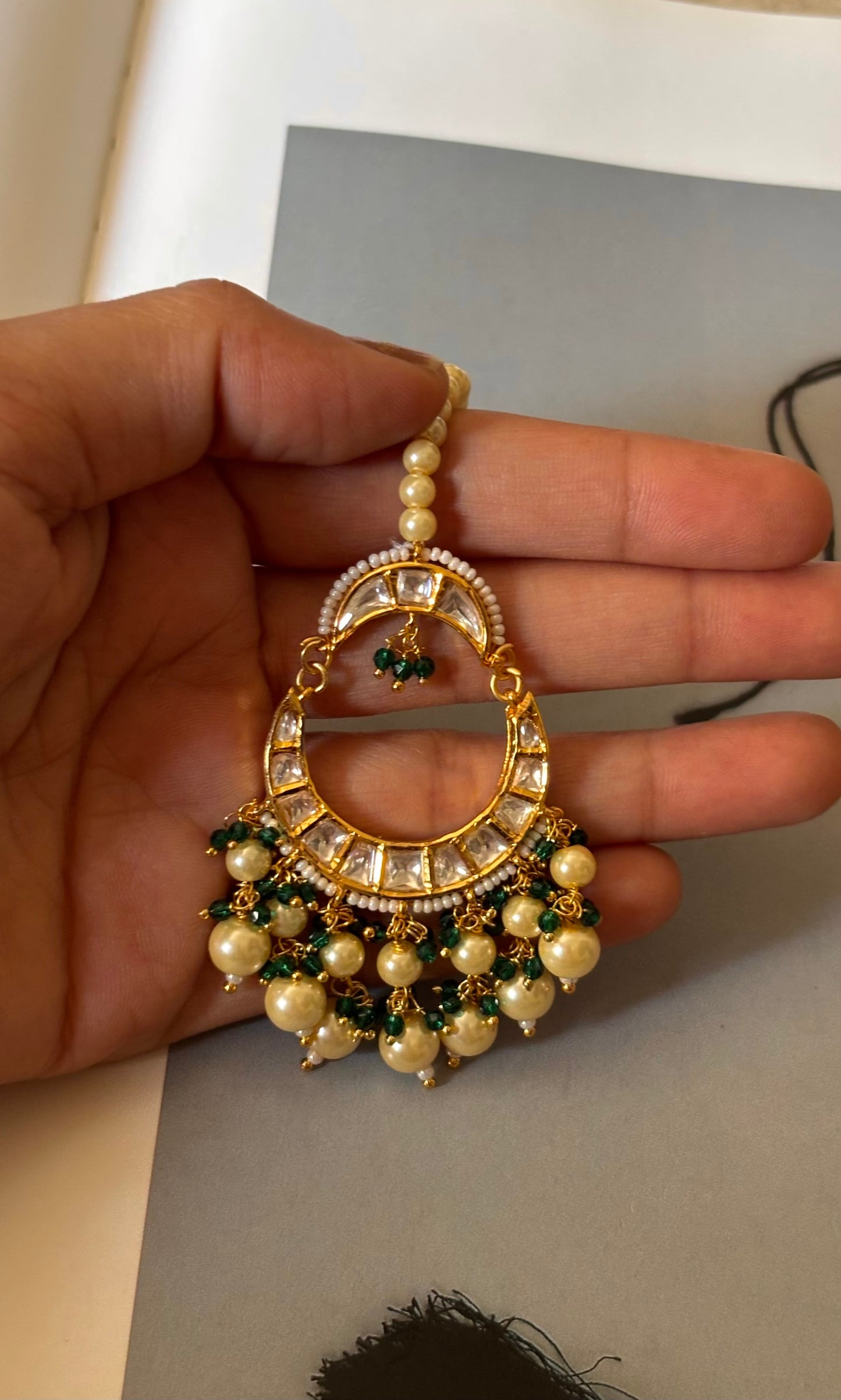 Paachi Kundan emerald with drops maangtika