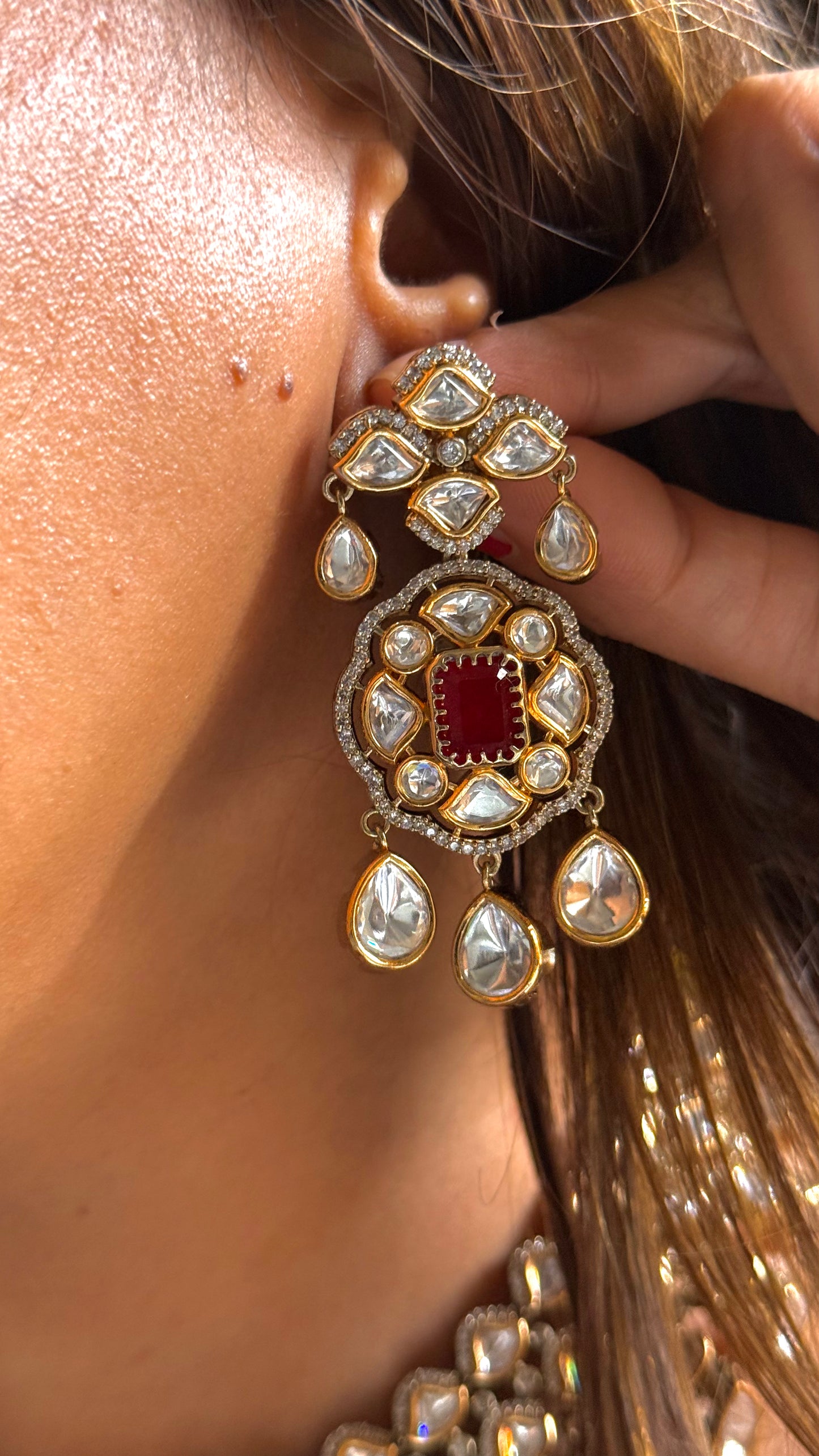 Ruby dual shade polki collar necklace with polki drops