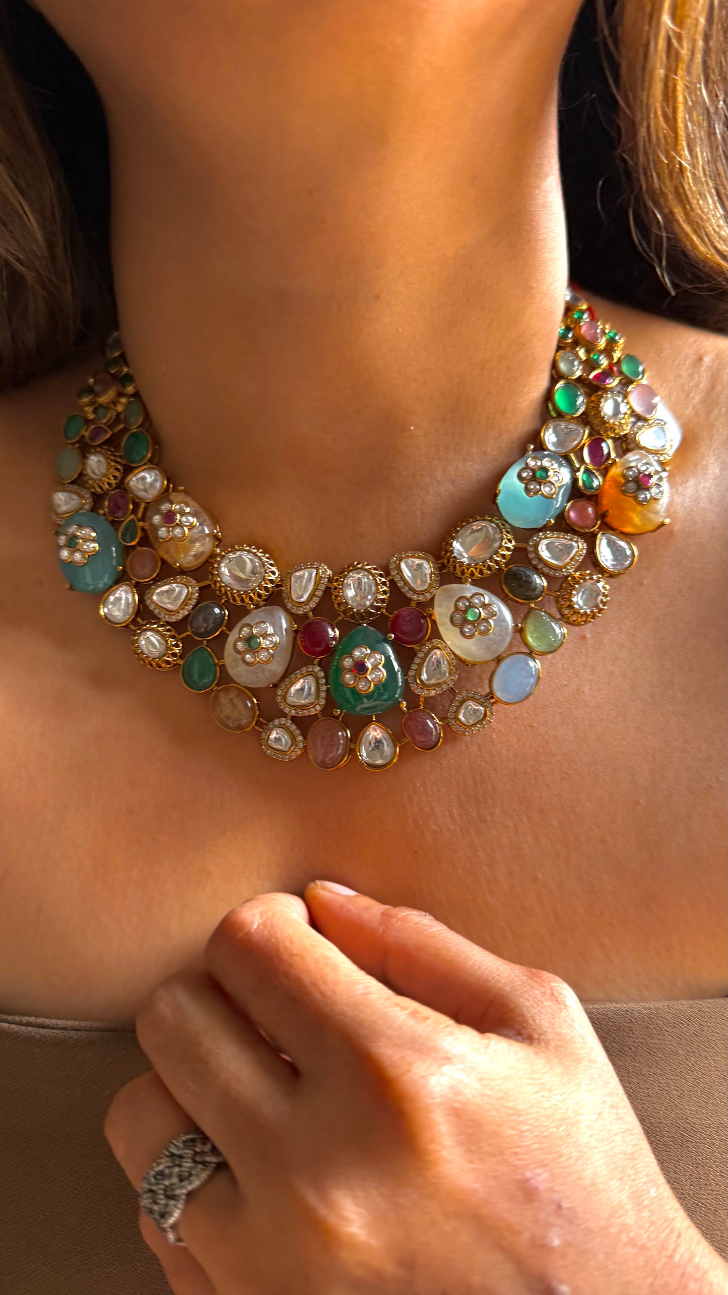 Inlay stone Sabya inspired multicoloured Designer  Necklace