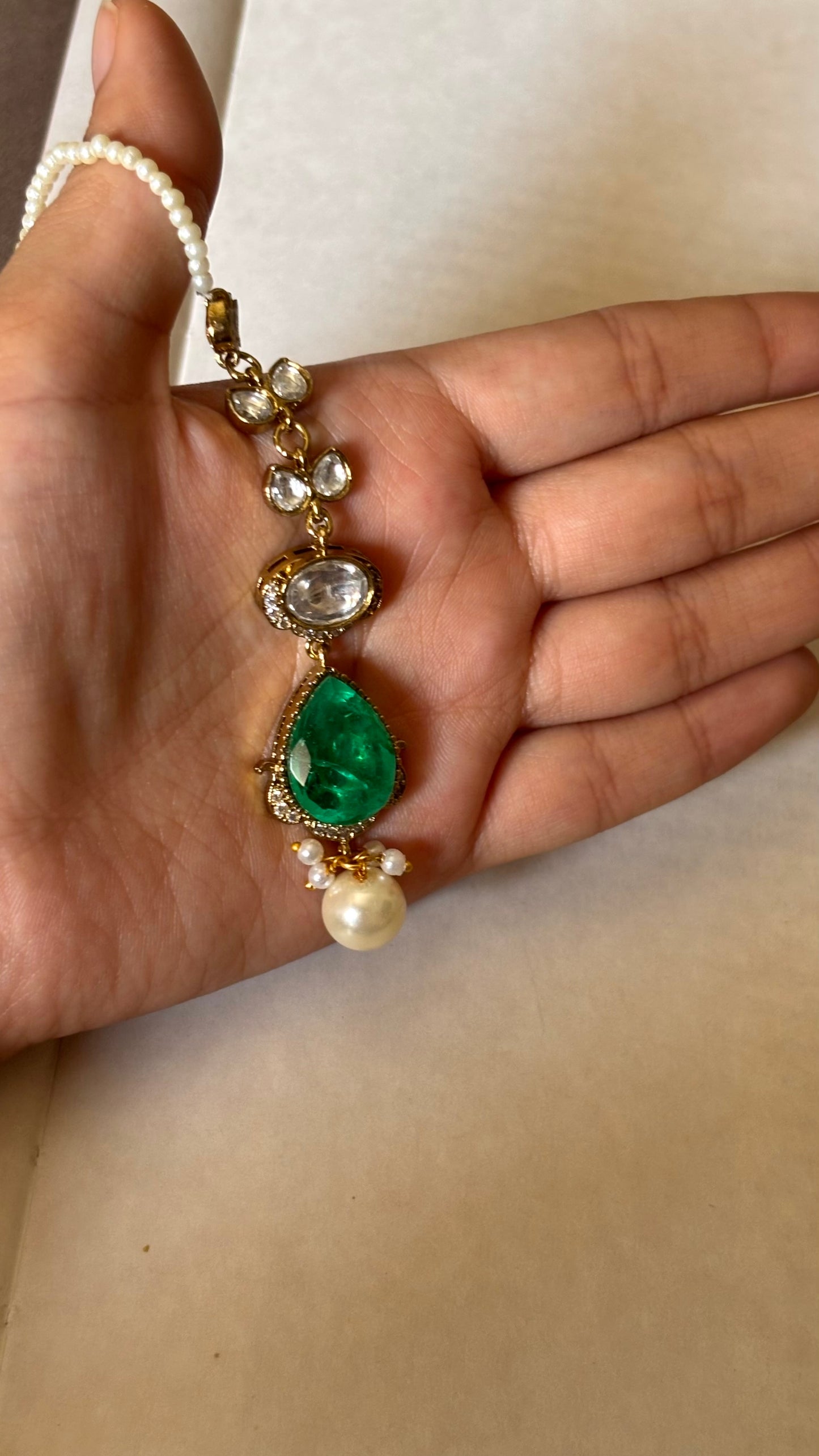 Mint with pearl drop maangtika