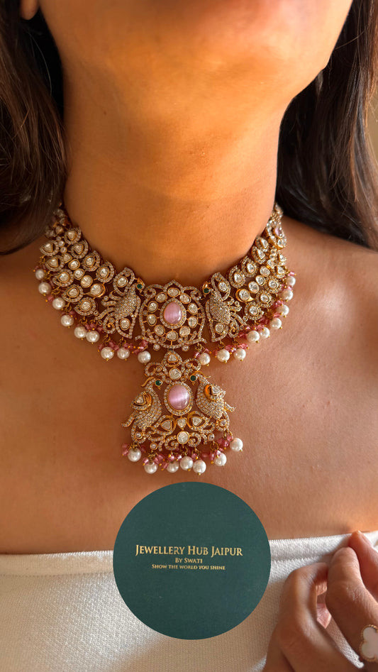 Rose quartz pearl victorian collar necklace