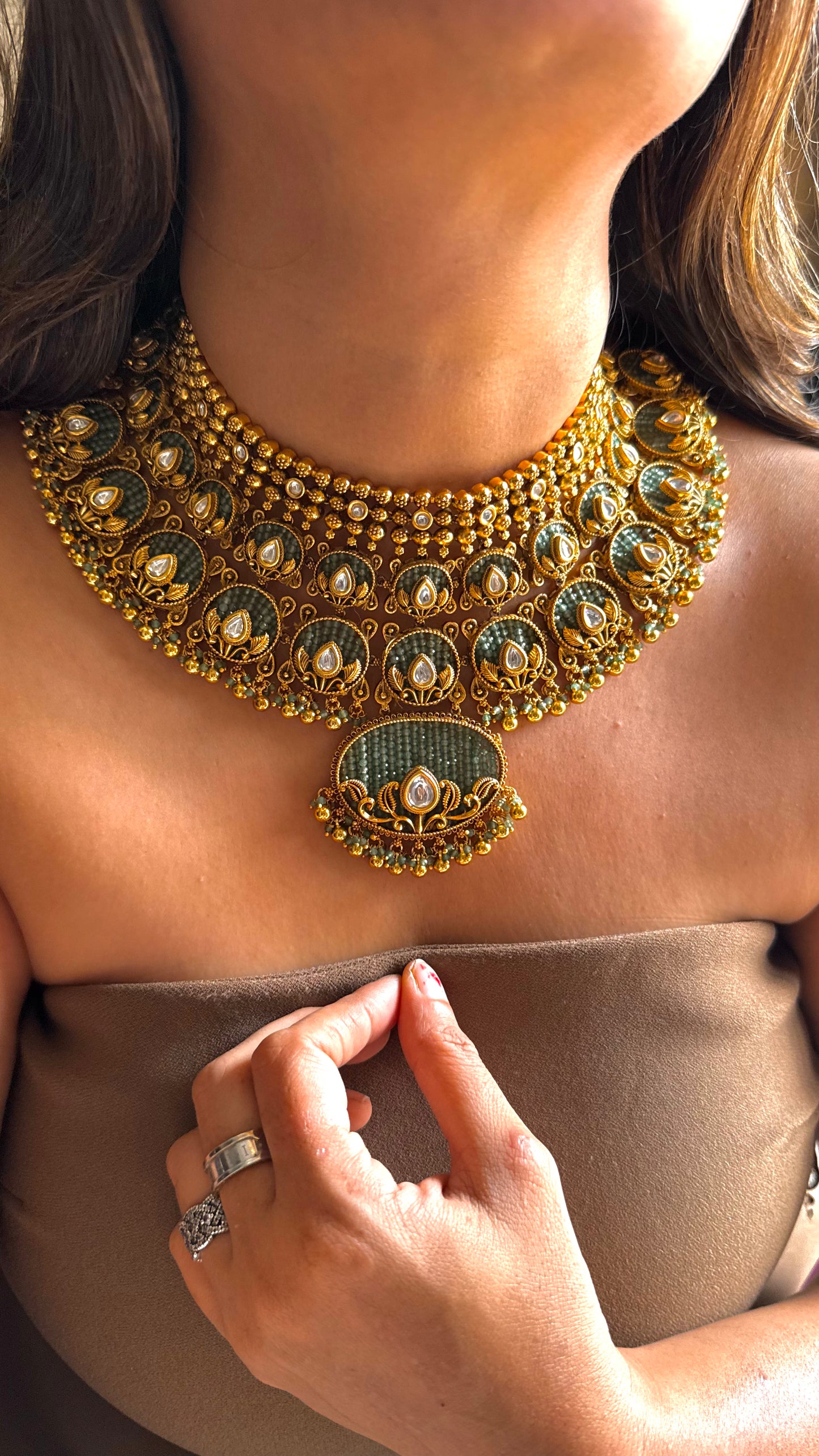 Mint & Gold Nakshi with mint piroyi oxidised set
