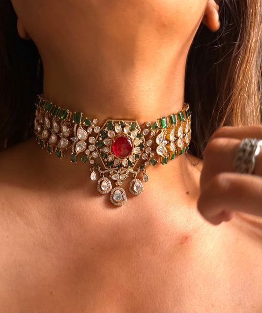 Ruby doublet & emerald moissanite choker set