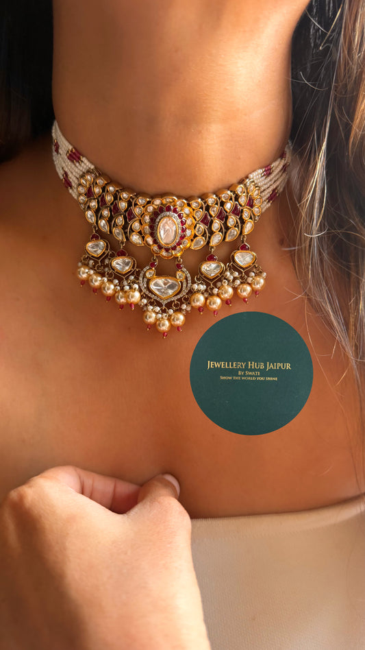 Rani pink moissanite polki with pearl drop rajwada choker set