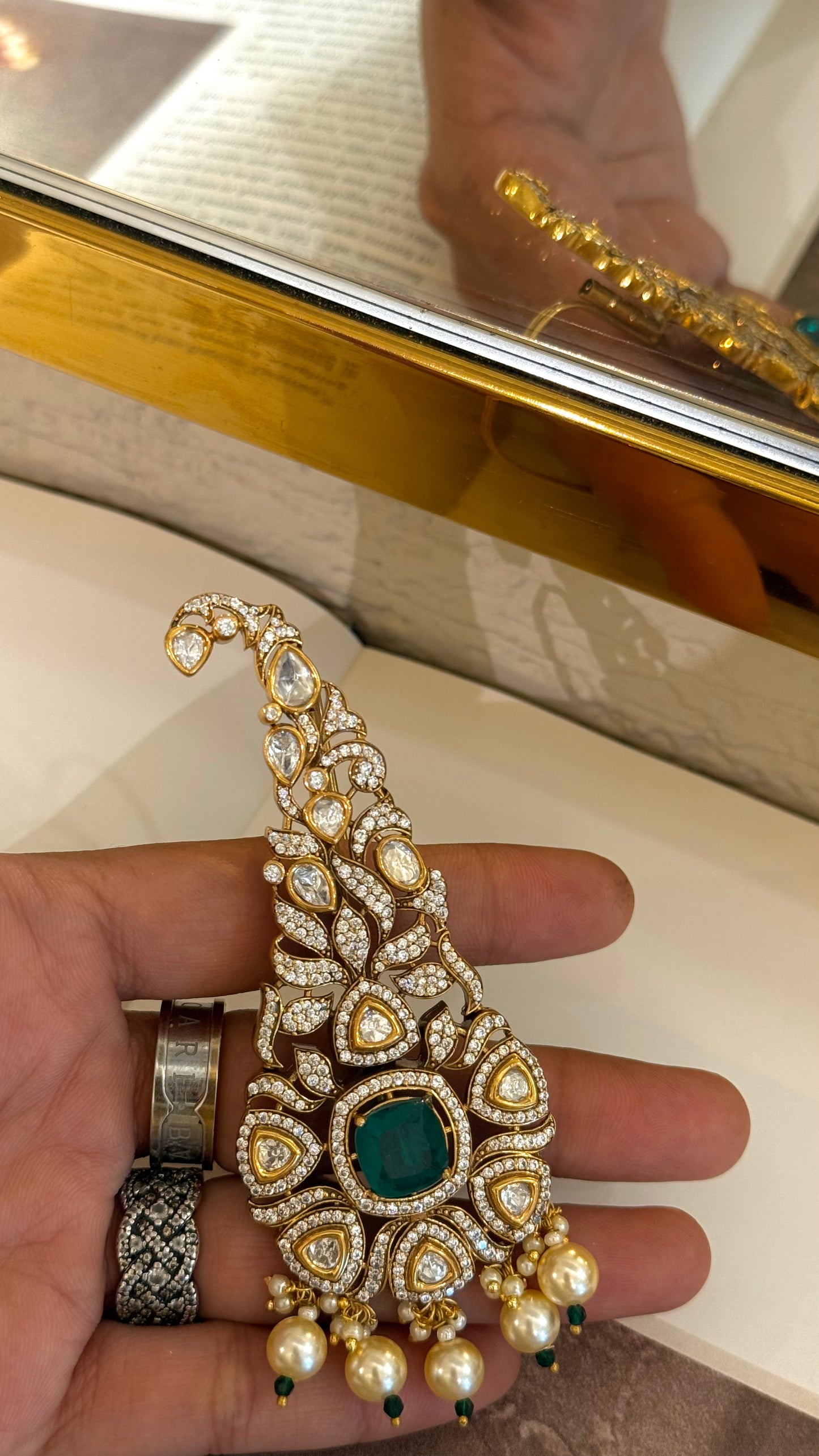 Emerald Moissanite kalgi with pearl detailing