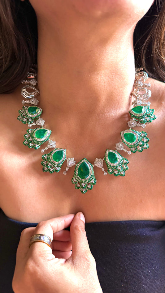Emerald doublet cz diamond aura Necklace