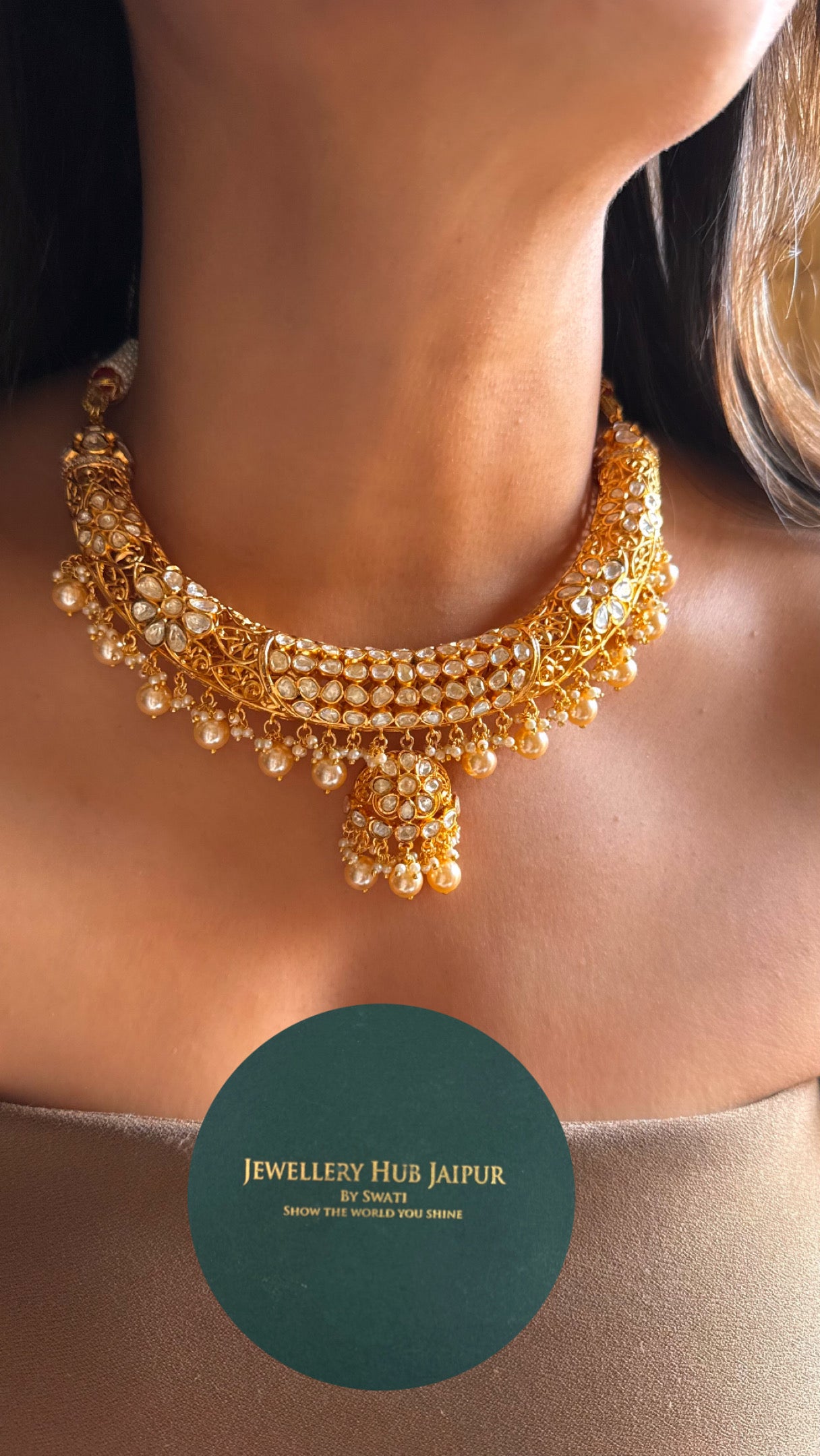 Peeli polki moissanite gold Hasli with pearl detailing