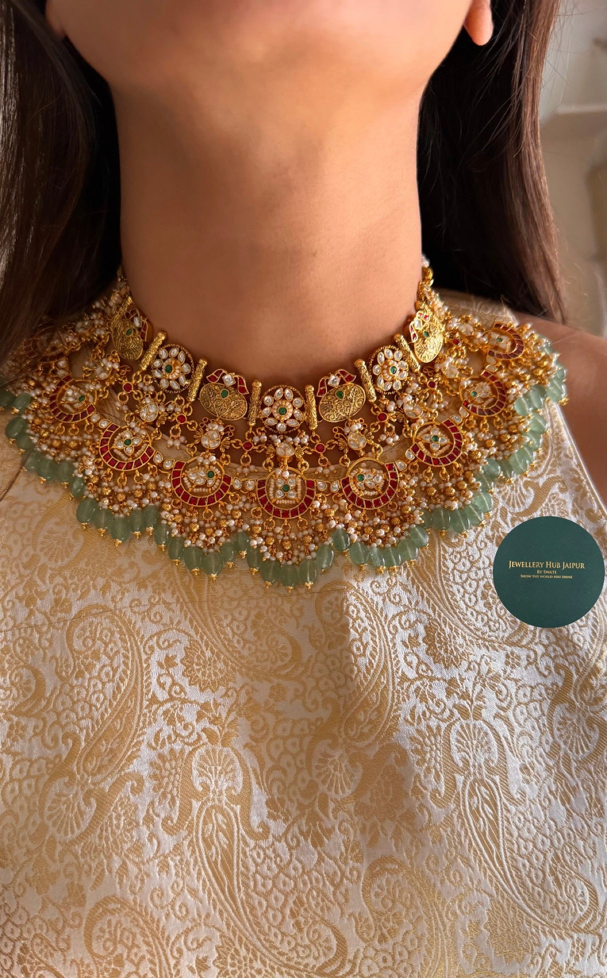 Heritage ruby & mint drop paachi polki necklace
